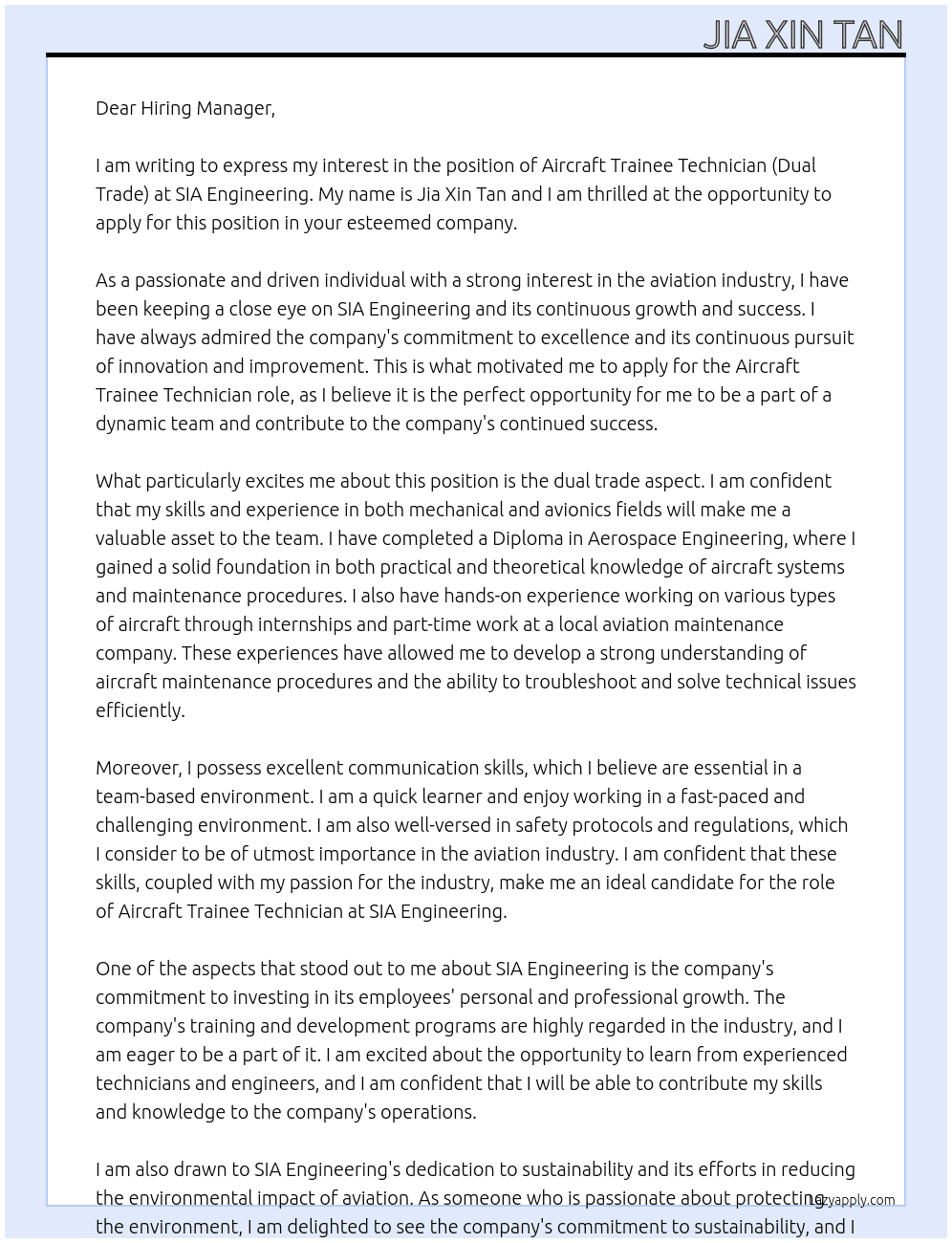 Aircraft Trainee Technician (Dual Trade) At SIA Engineering  Cover Letter
