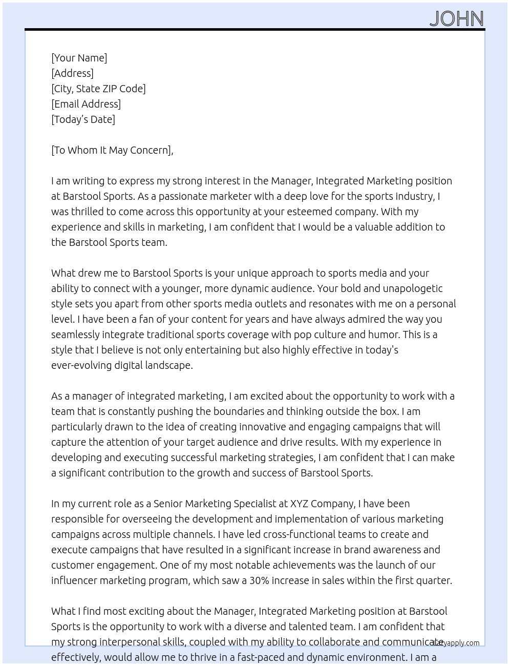 Manager, Integrated Marketing At Barstool Sports Cover Letter