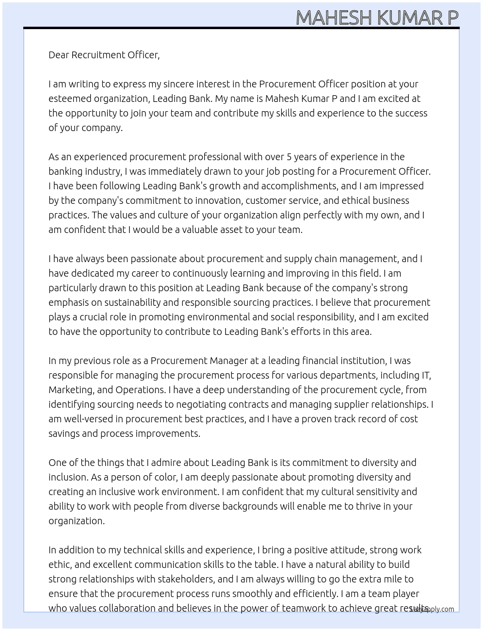 Procurement officer At Leading bank Cover Letter