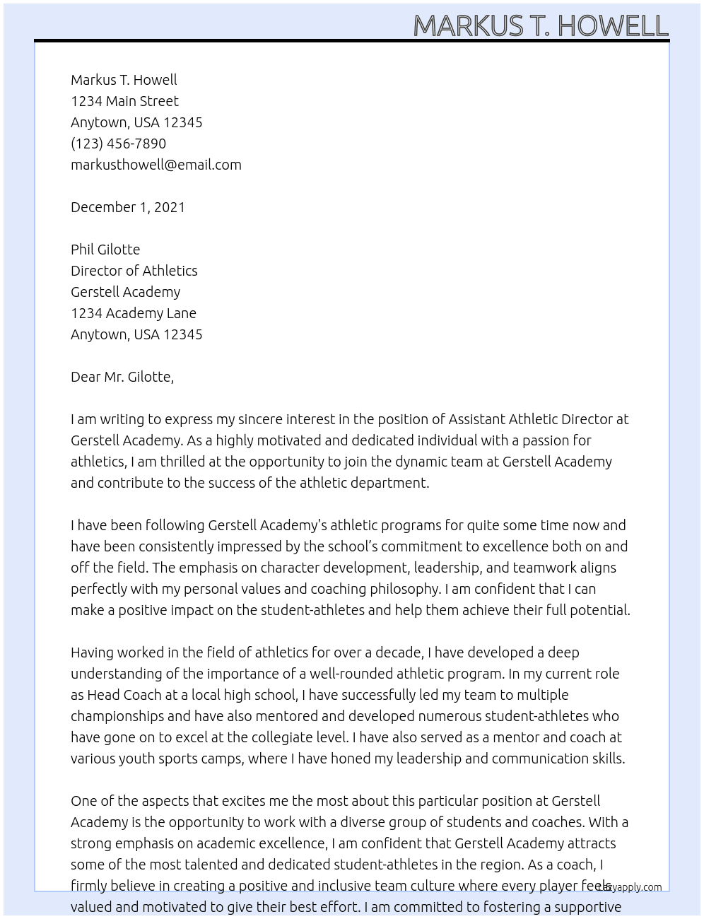 Asst. Athletic Director At Gerstell Academy  Cover Letter