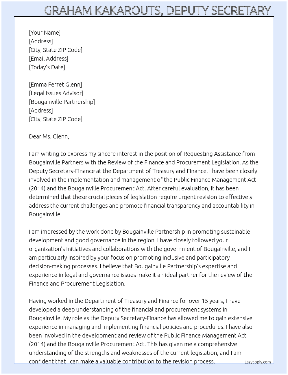 Requesting Assistance from Bougainville Partners with the Review of the Finance and Procurement Legislation At Emma Ferret Glenn-Legal Issues Advisor-Bougainville Partnership Cover Letter