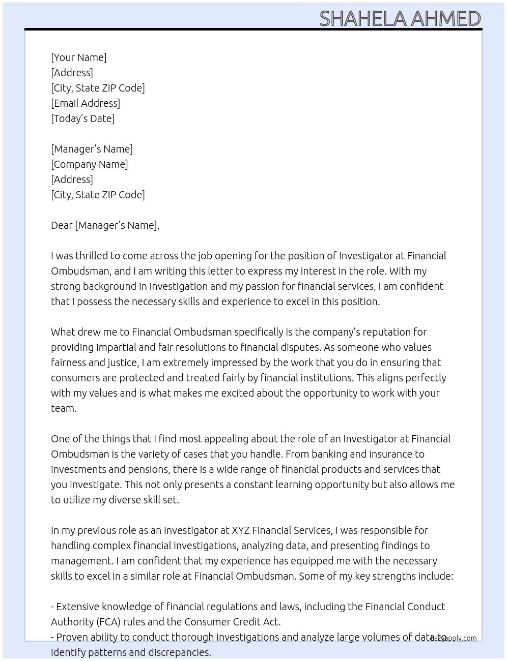 Investigator  At Financial Ombudsman Cover Letter