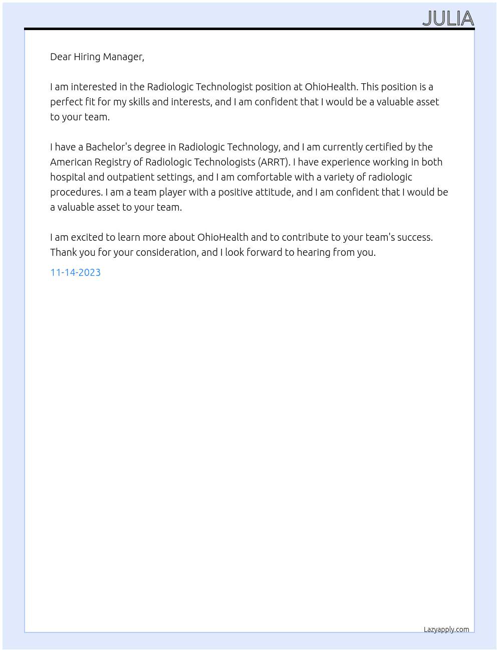 Radiologic Technologist At OhioHealth Cover Letter