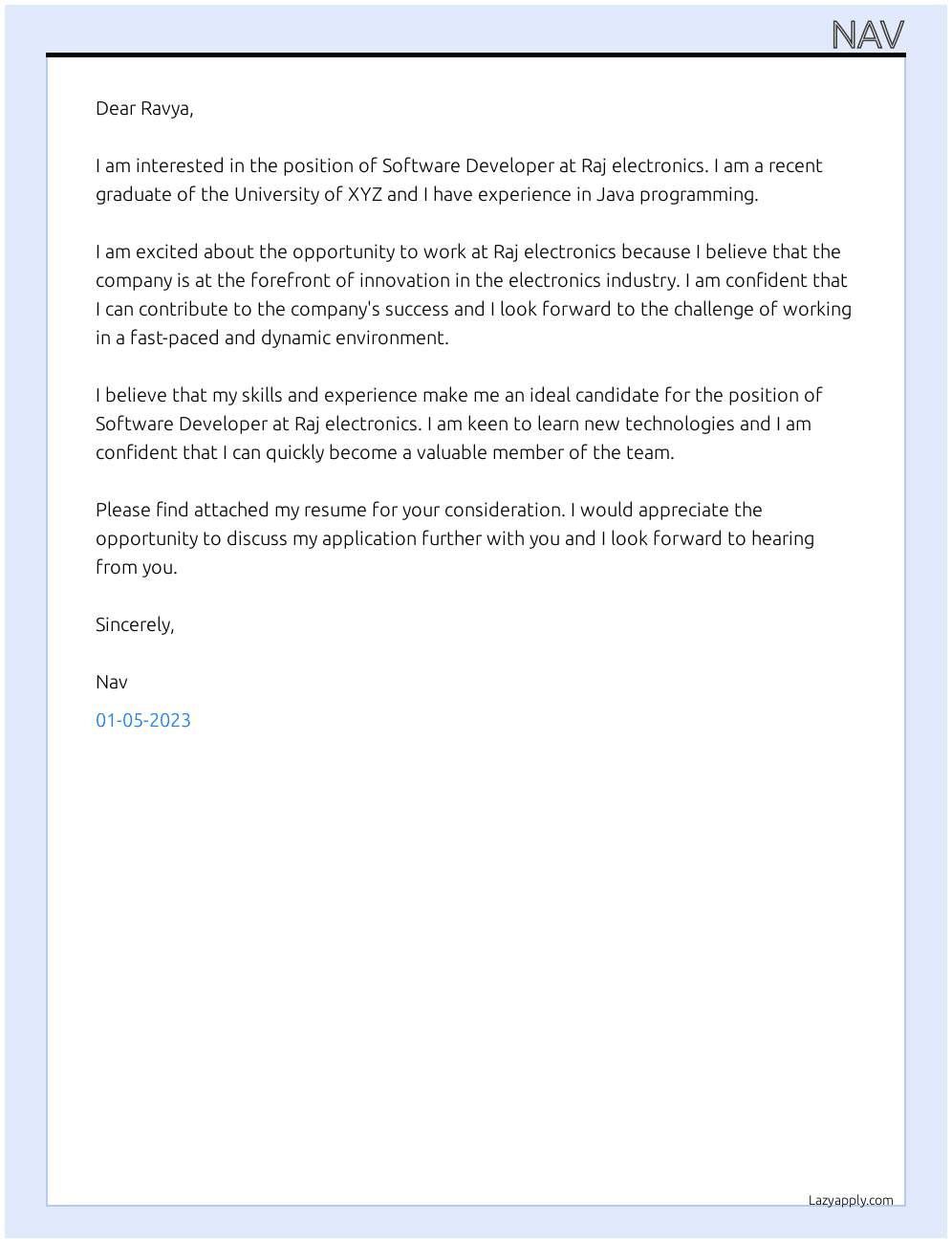 Software Developer At Raj electronics Cover Letter
