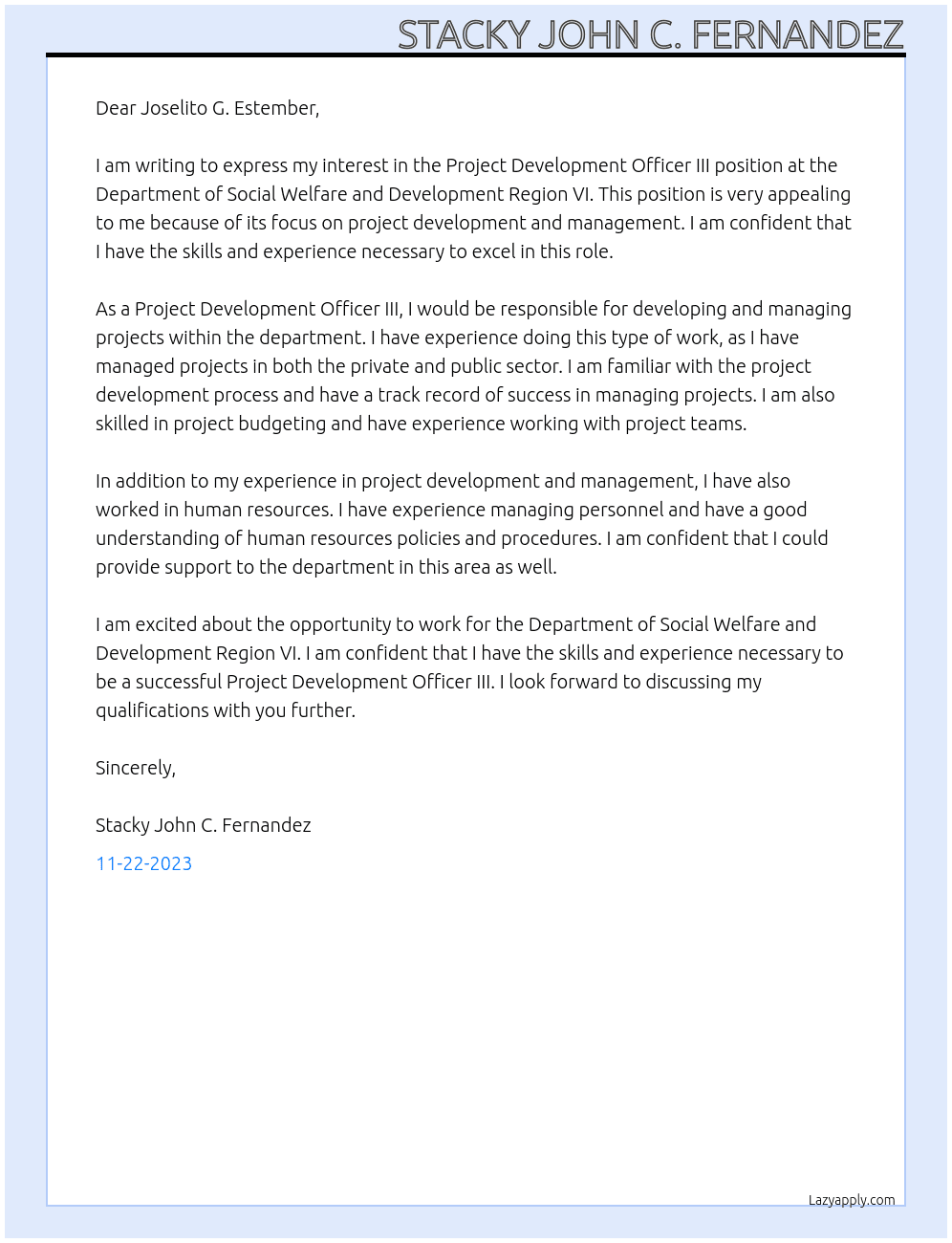 PROJECT DEVELOPMENT OFFICER III At DEPARTMENT OF SOCIAL WELFARE AND DEVELOPMENT Region VI Cover Letter