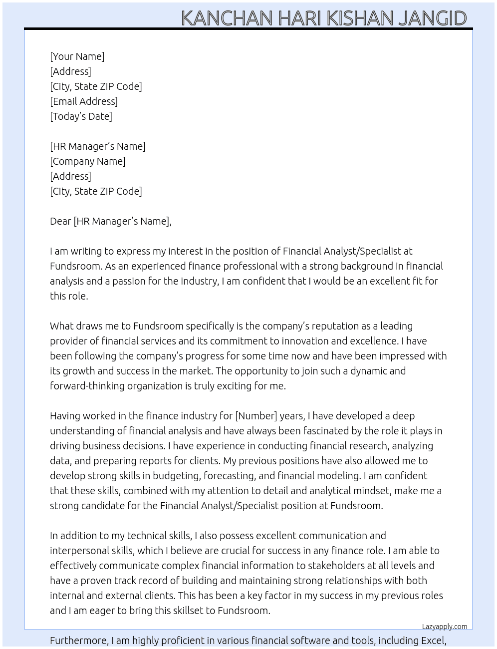 Financial analyst/specialist  At Fundsroom  Cover Letter