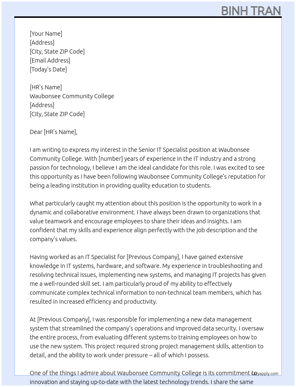 Senior IT Specialist At Waubonsee Community College  Cover Letter