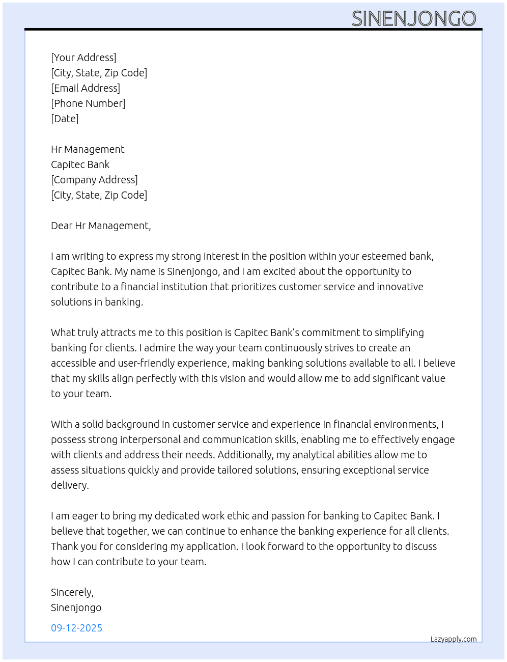 Bank environment  At Capitec bank  Cover Letter