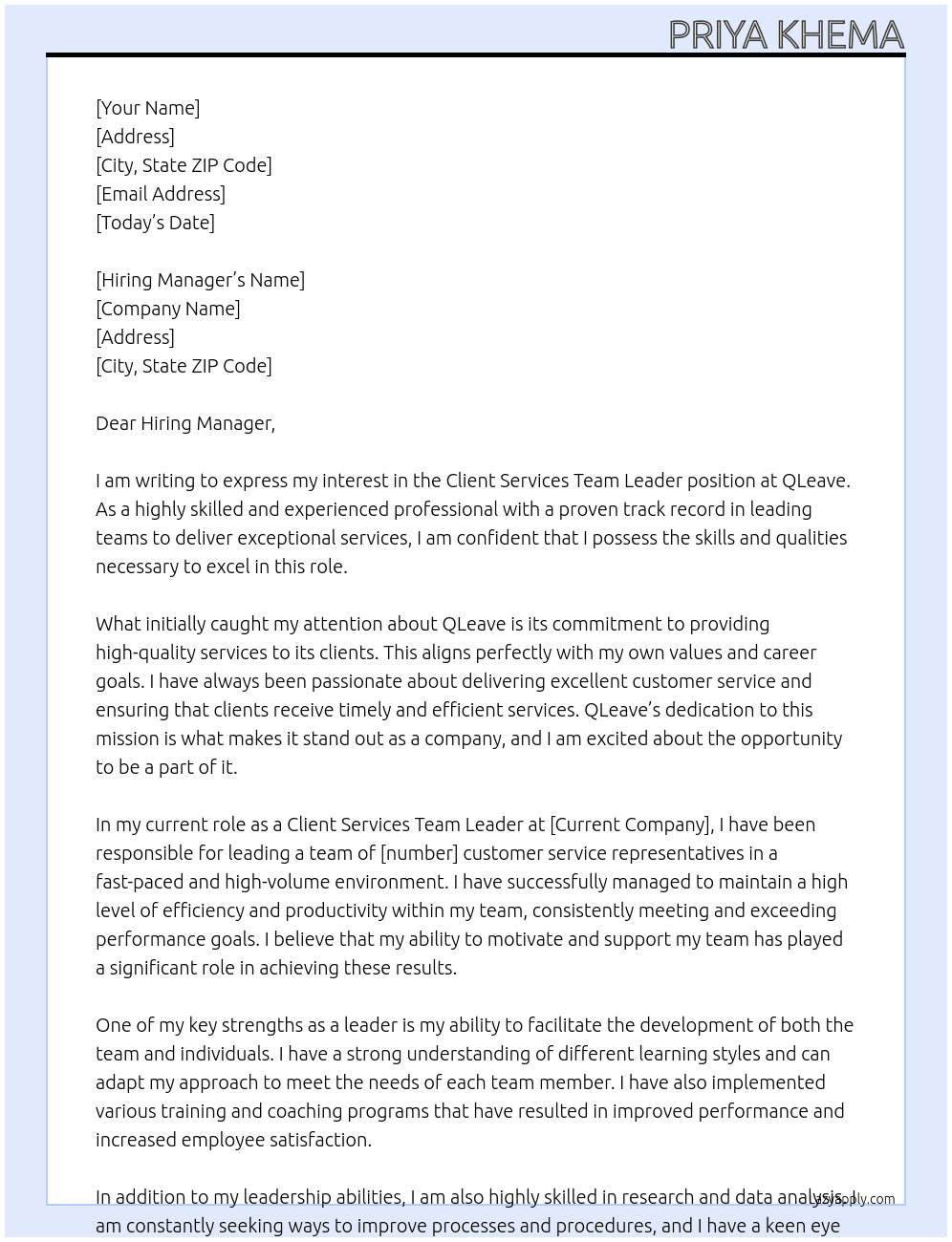 Client Services Team Leader At QLeave Cover Letter
