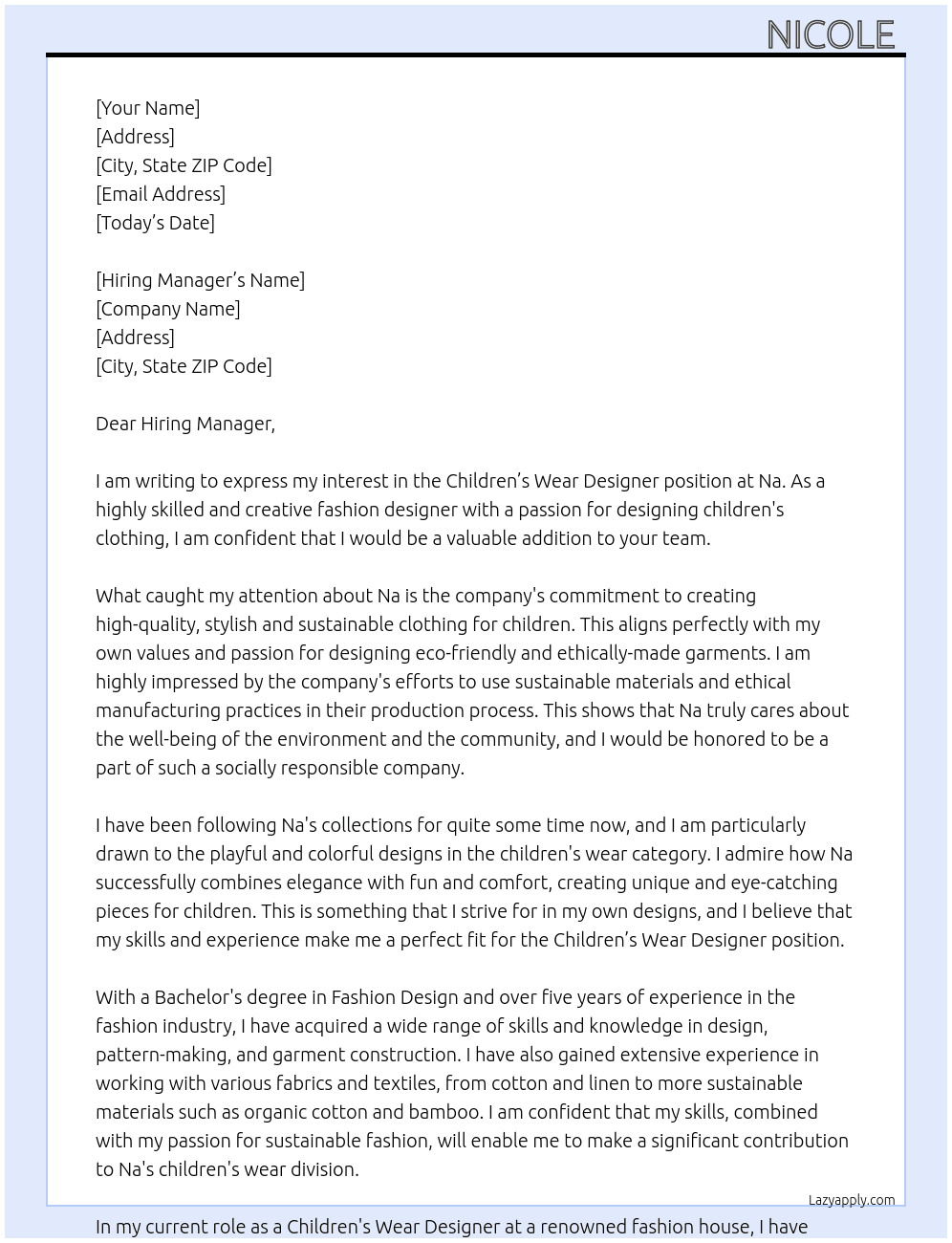 Cover letter for children’s wear designer - LazyApply