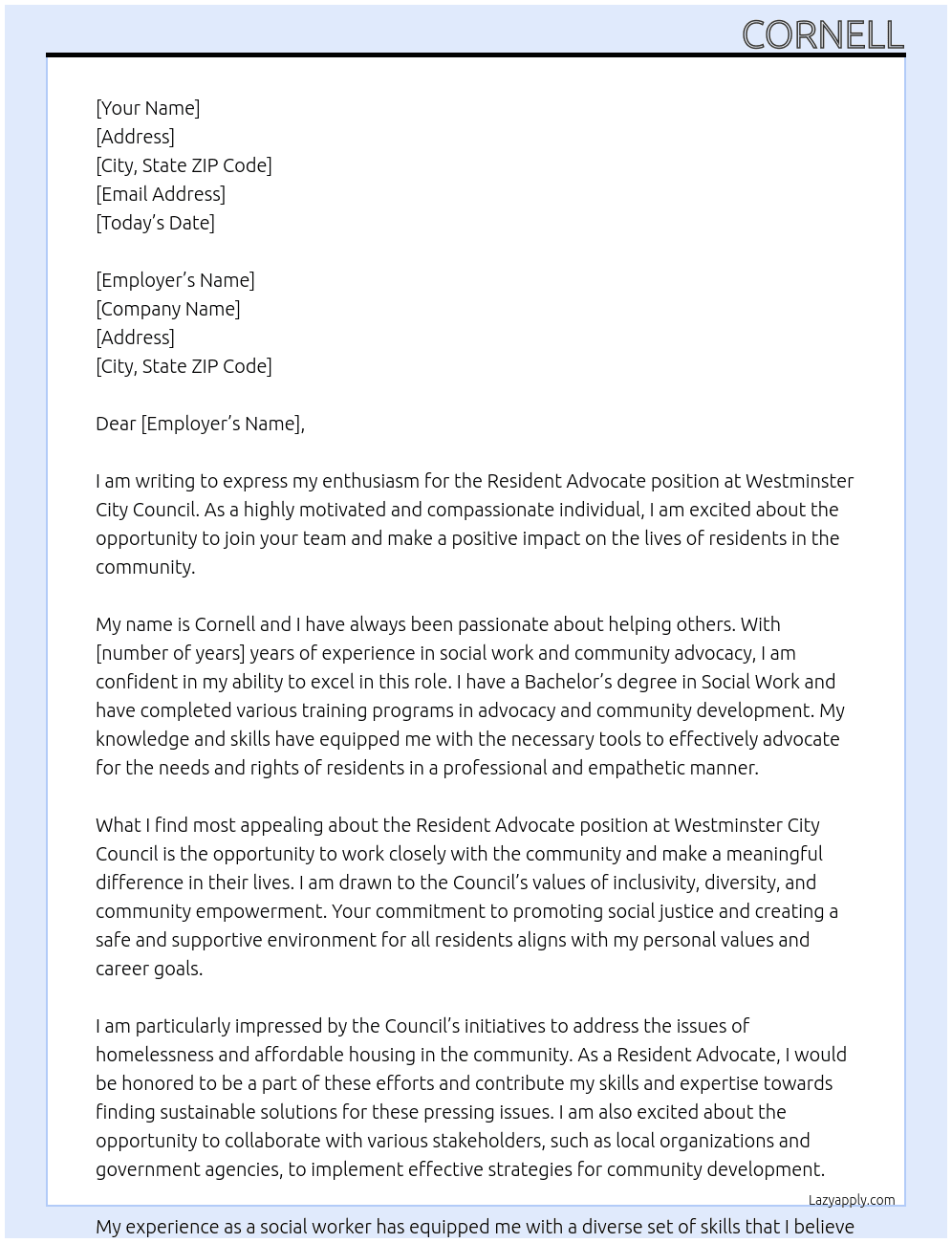 Resident Advocate At Westminster City Council  Cover Letter