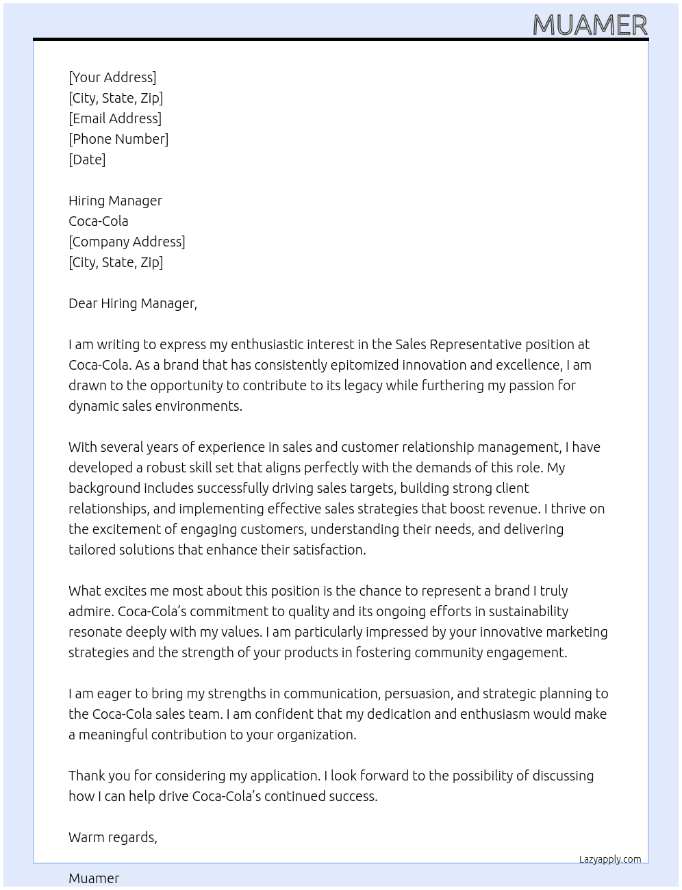 sales representativ At coca-cola Cover Letter