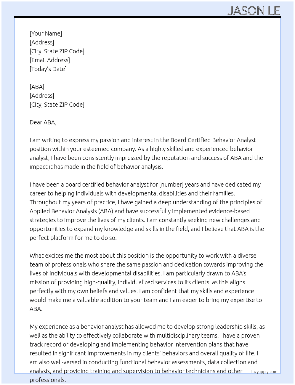 board certified behavior analyst At ABA Cover Letter