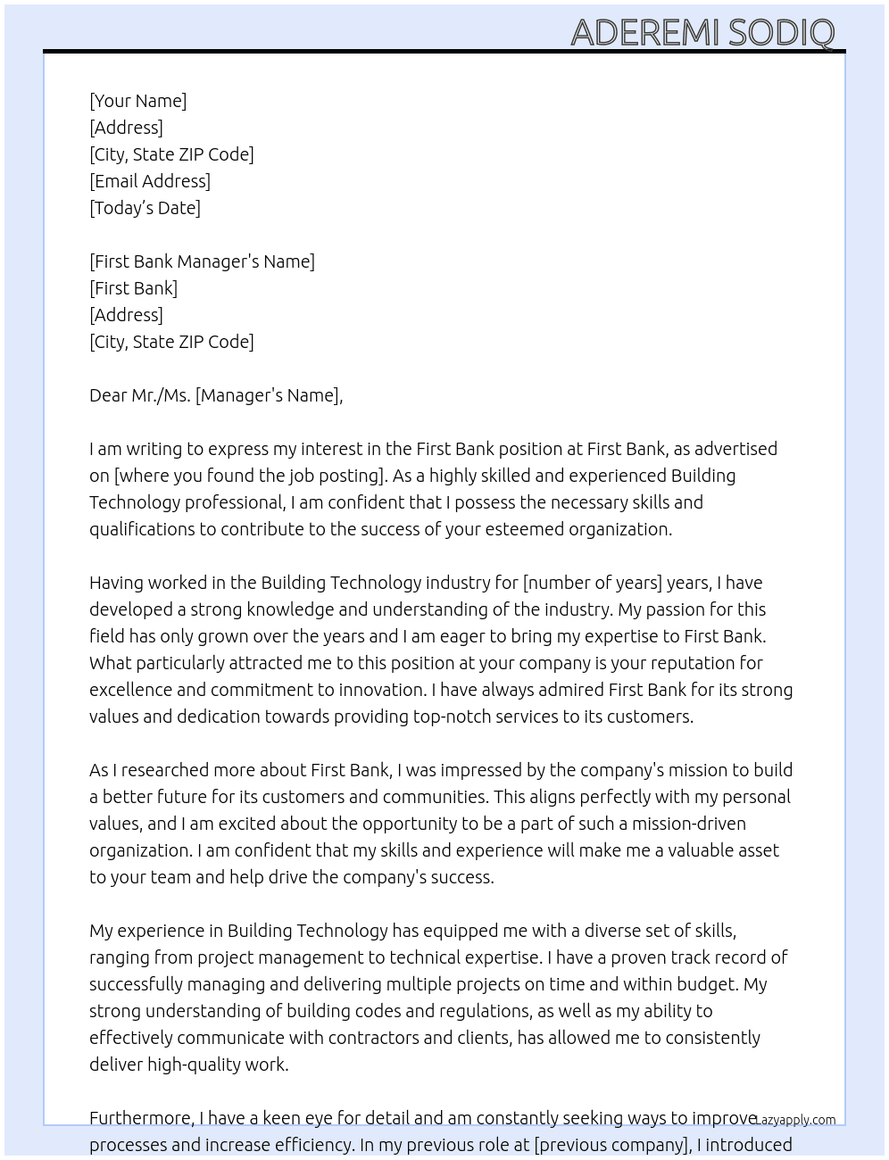 First bank  At First bank  Cover Letter