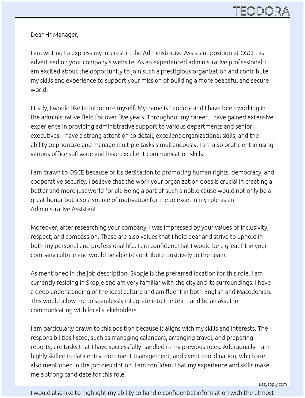 Administrative assistant At OSCE Cover Letter