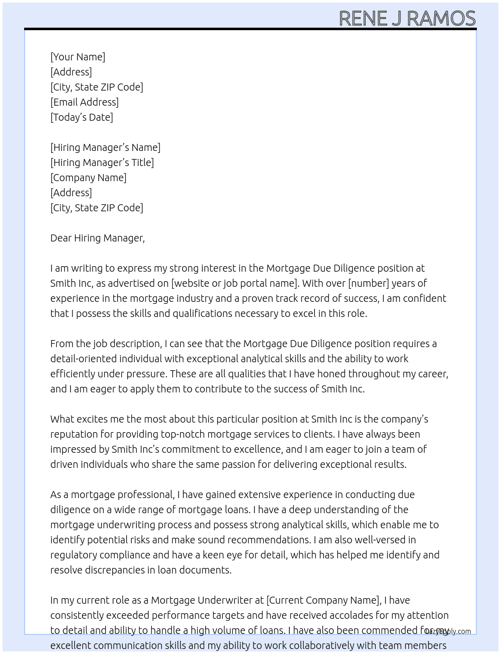 Mortgage Due diligence At Smith inc Cover Letter