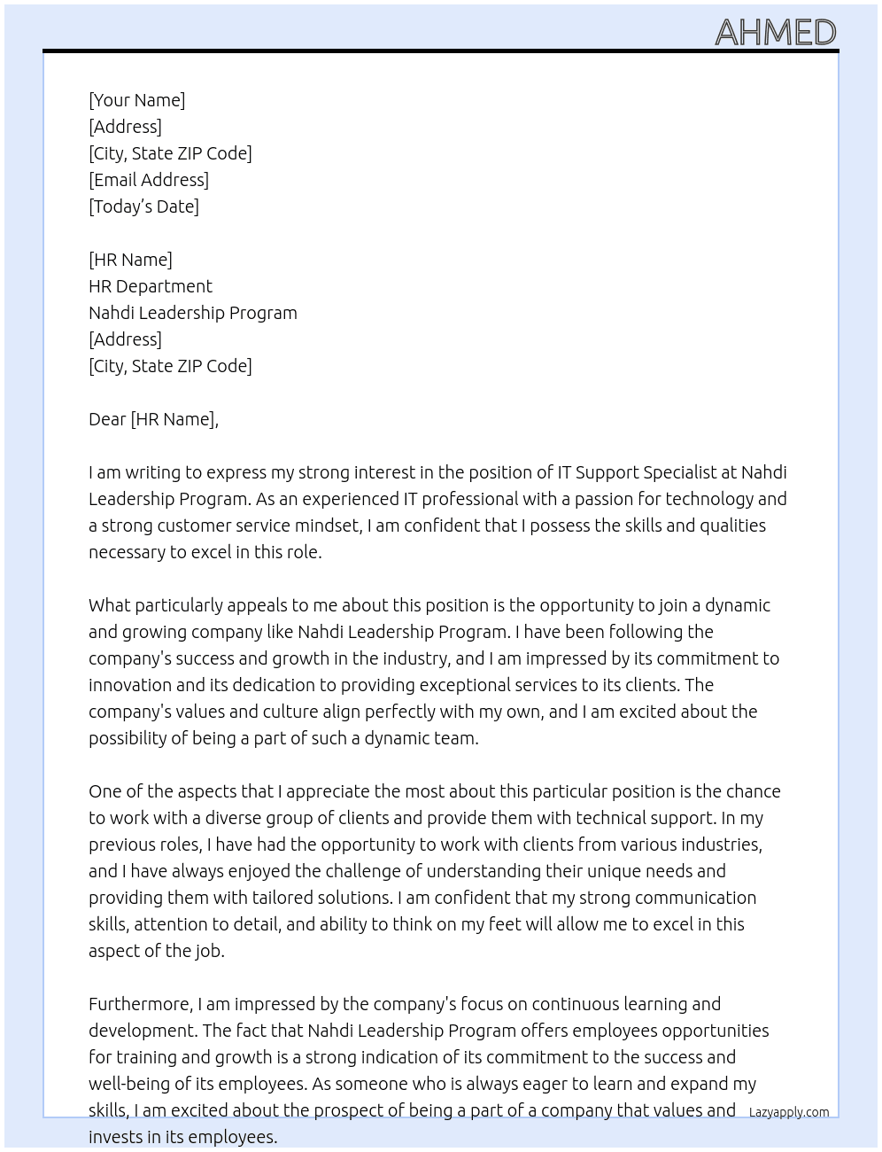 IT Support Specialist At Nahdi Leadership Program Cover Letter