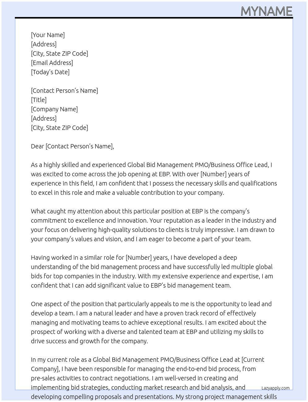 Global Bid Management PMO/Business Office Lead At EBP Cover Letter