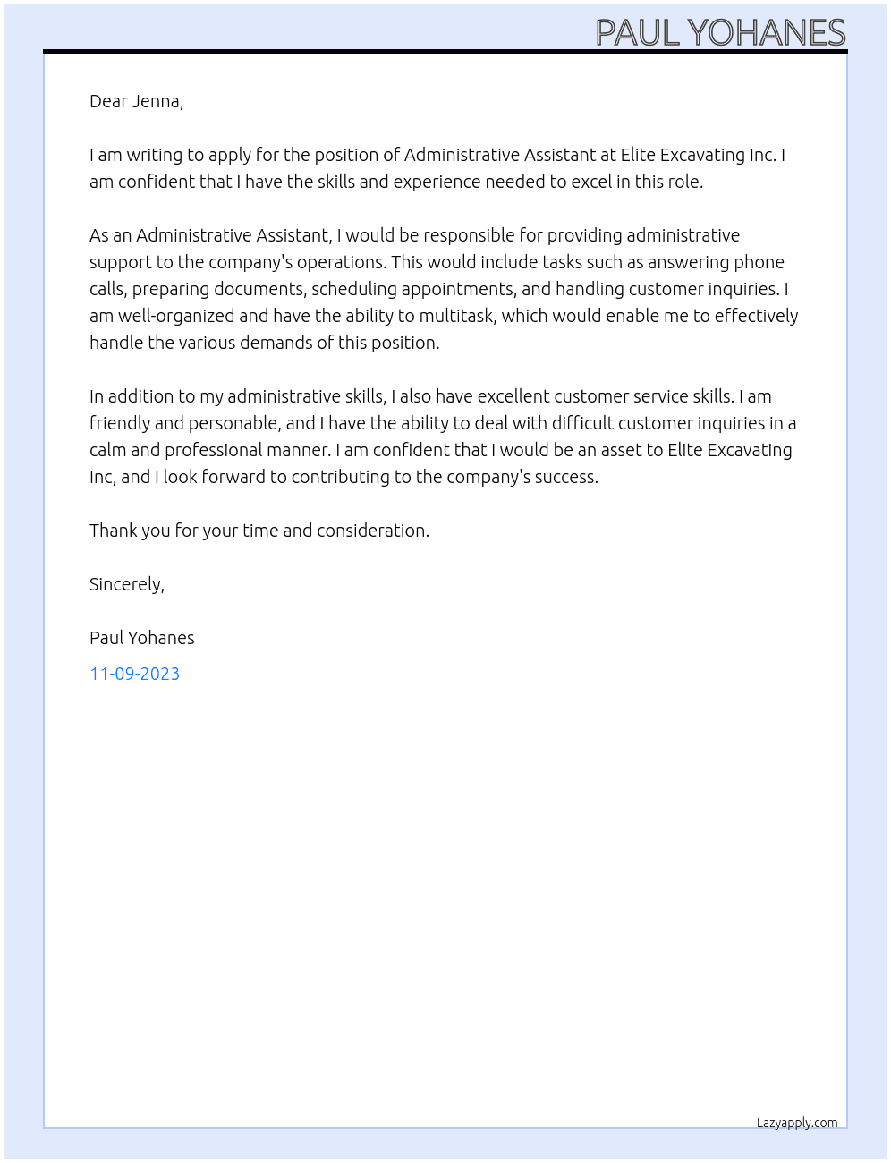 Administrative Assistant At Elite Excavating Inc Cover Letter