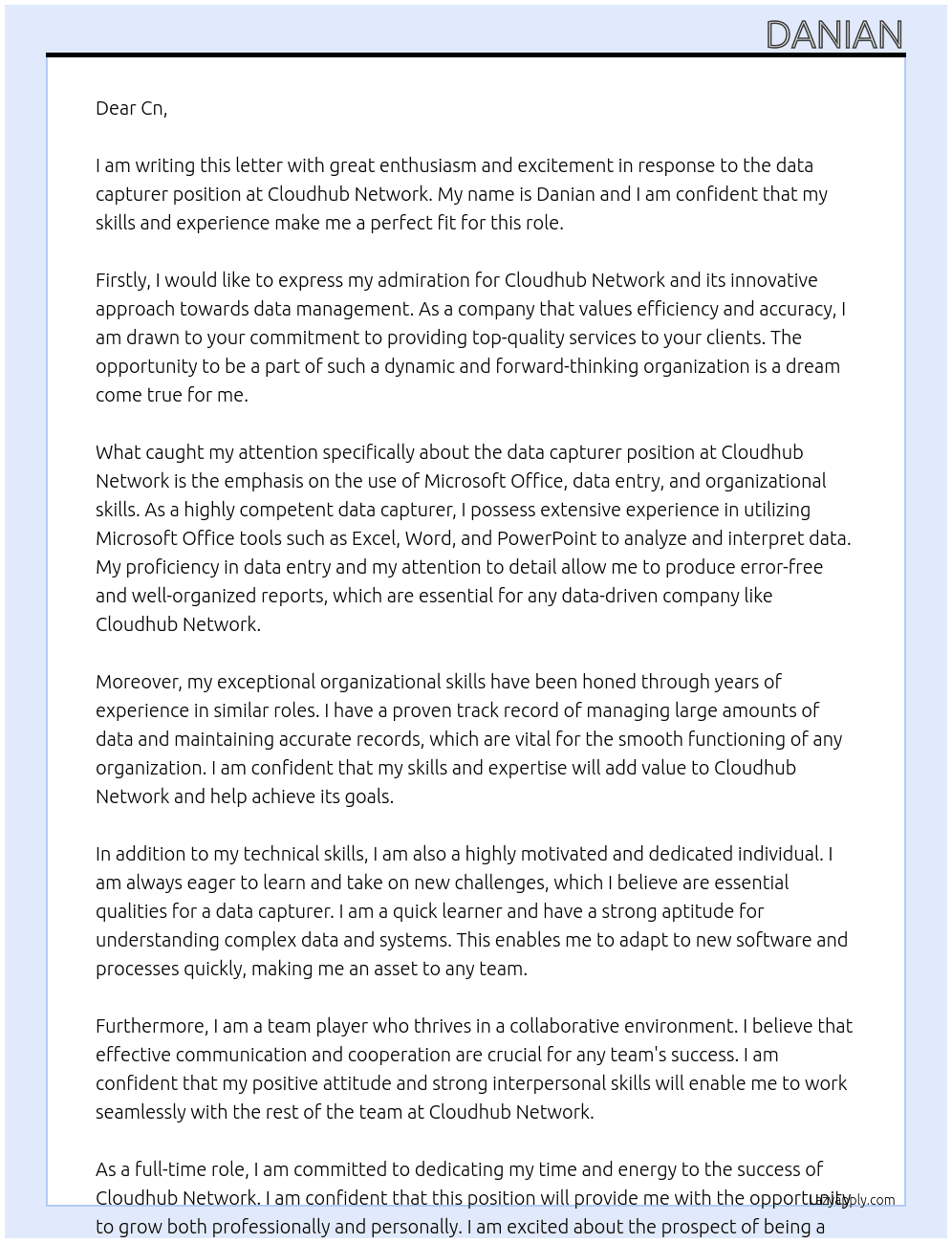 data capturer At Cloudhub Network Cover Letter
