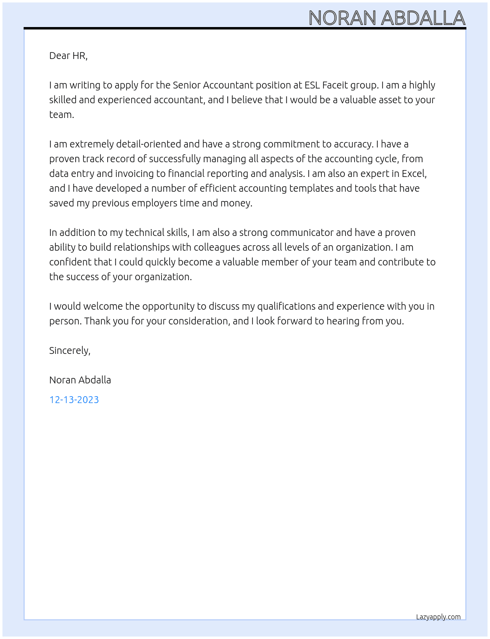 Senior accountant  At ESL Faceit group Cover Letter