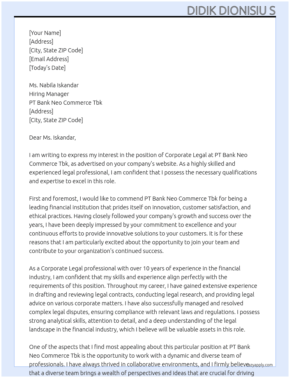 Corporate Legal At PT Bank Neo Commerce Tbk Cover Letter