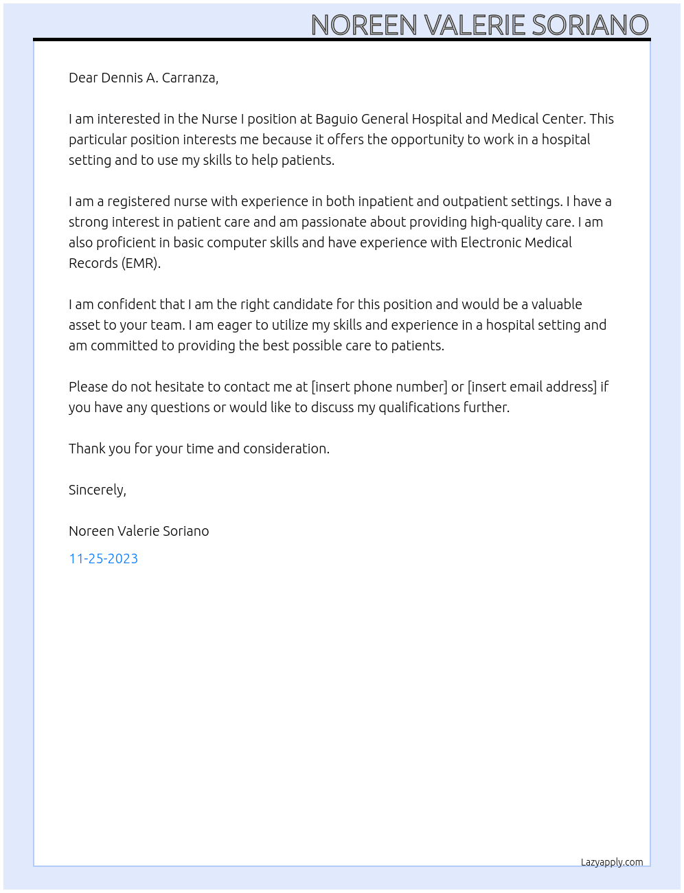 Nurse I At Baguio General Hospital and Medical Center Cover Letter
