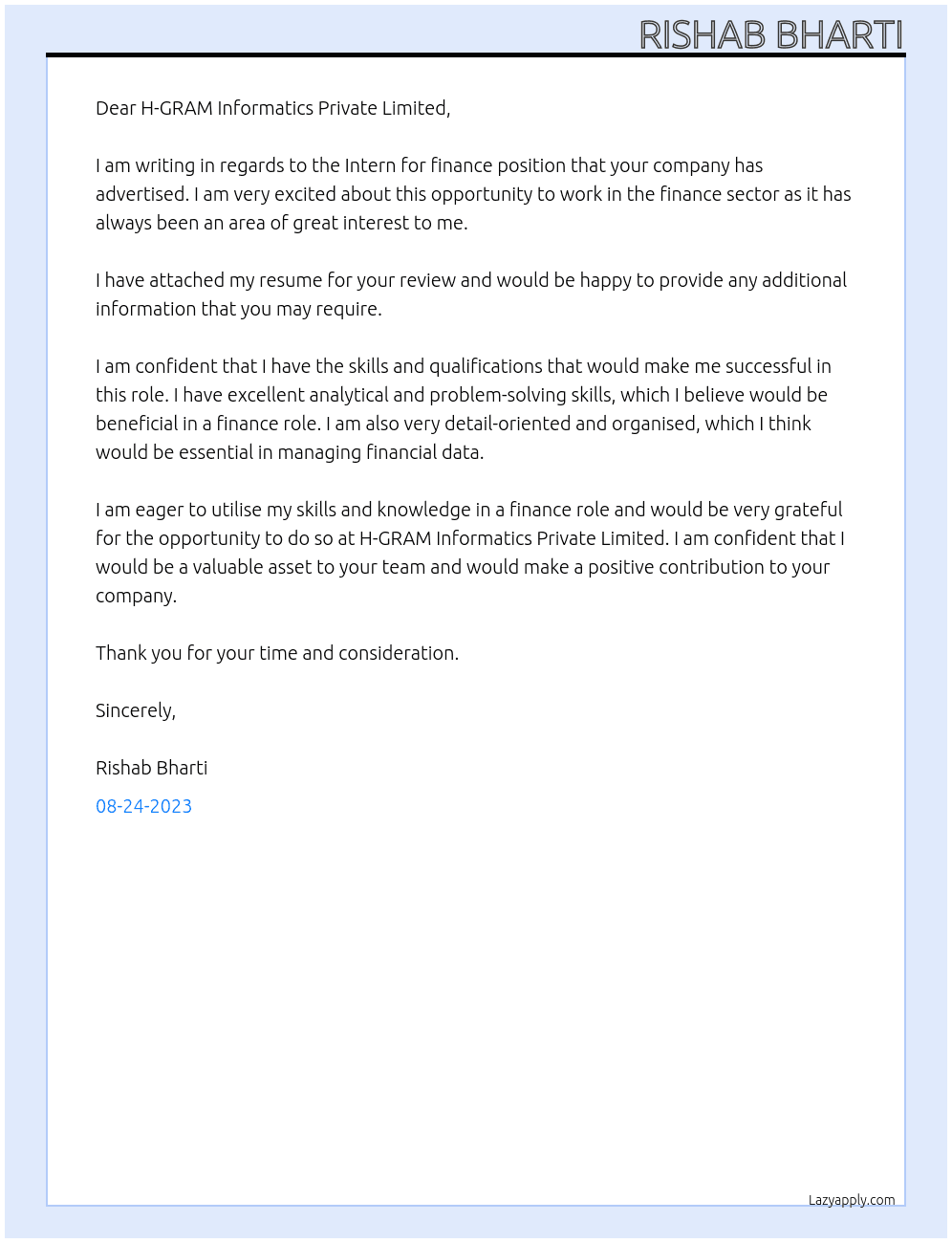 Intern for finance At H-GRAM  Cover Letter