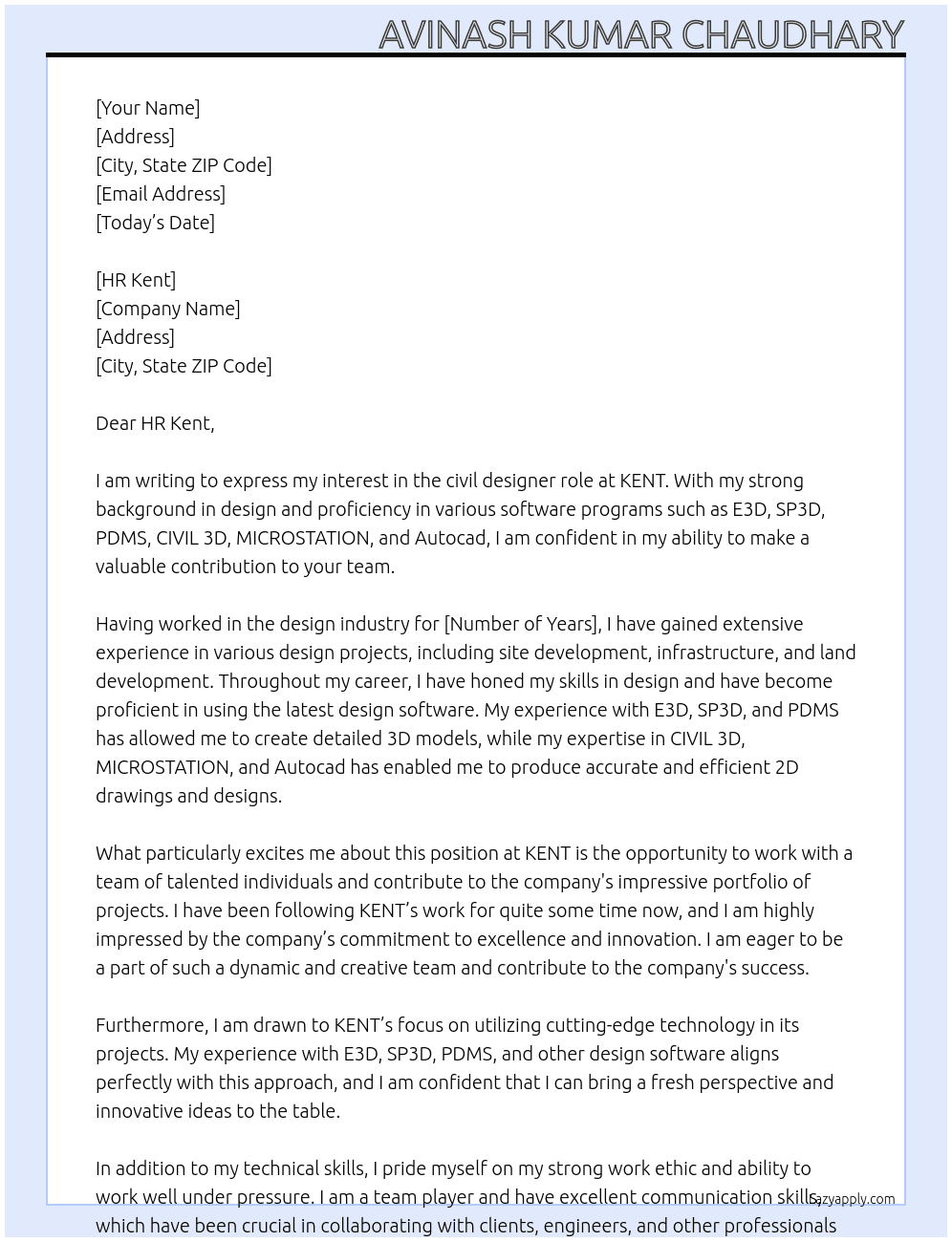 DESIGNER At KENT Cover Letter