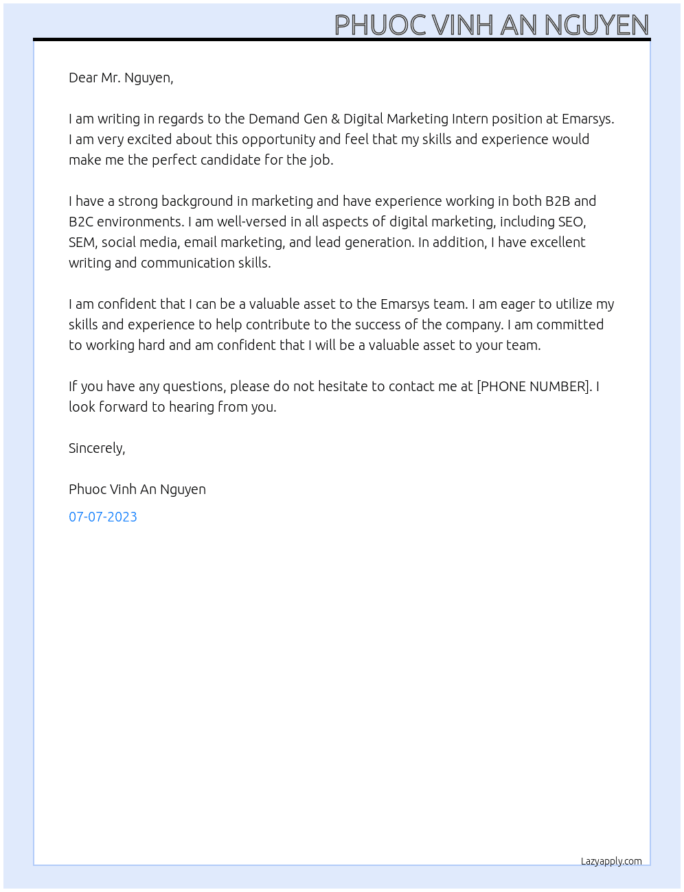 Demand Gen & Digital Marketing Intern At Emarsys Cover Letter