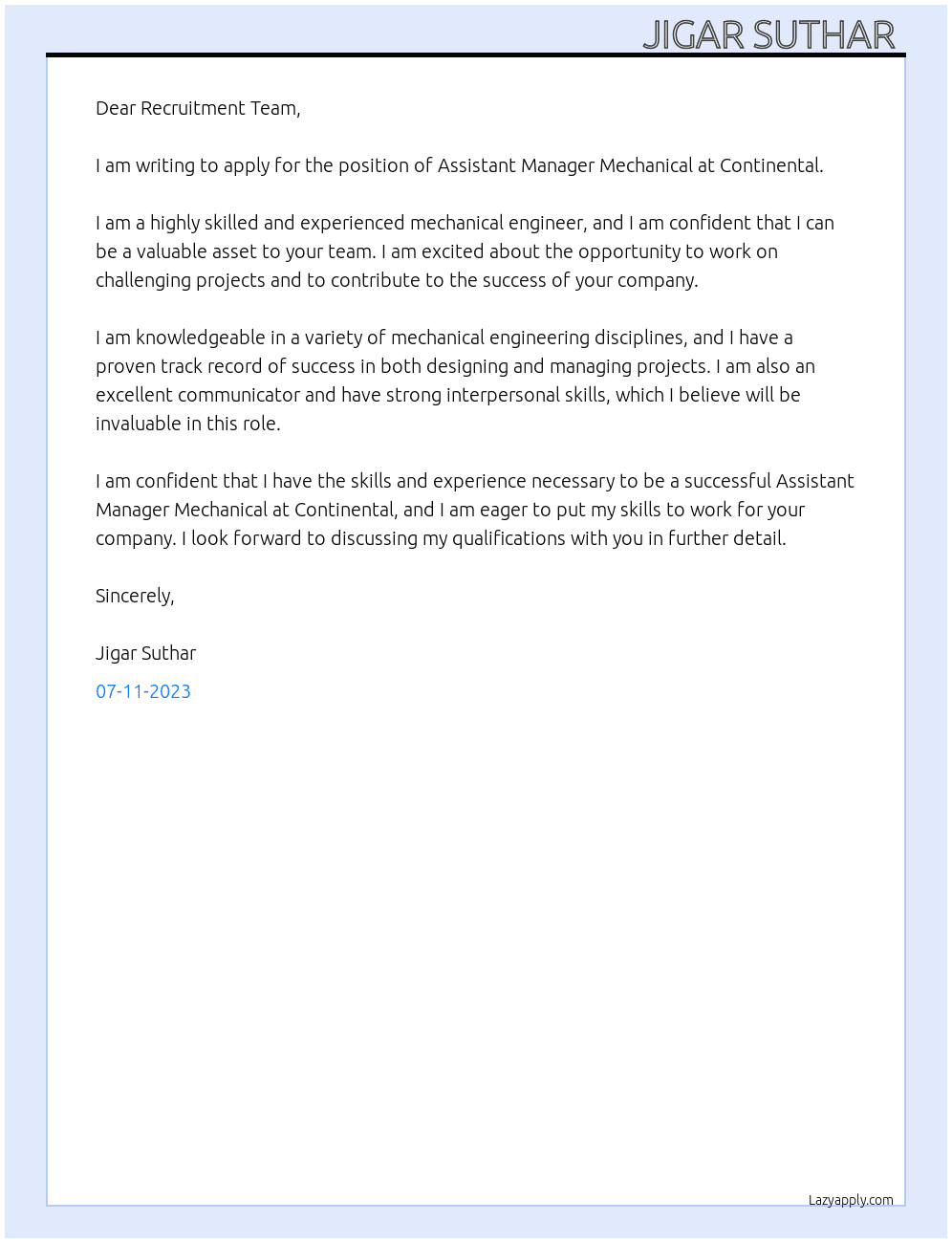 Assistant Manager Mechanical  At Continental  Cover Letter