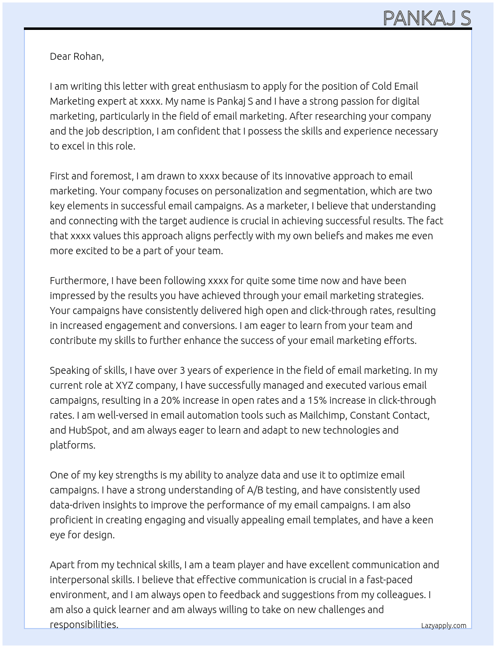 Cold Email Marketing expert At xxxx Cover Letter
