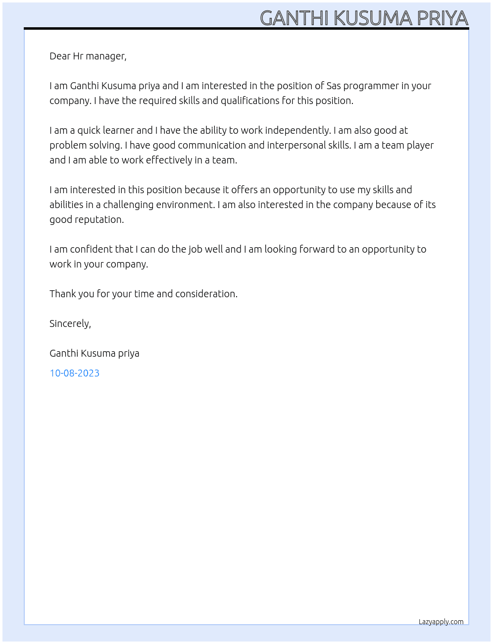 Sas programmer  At Rang technologies Cover Letter