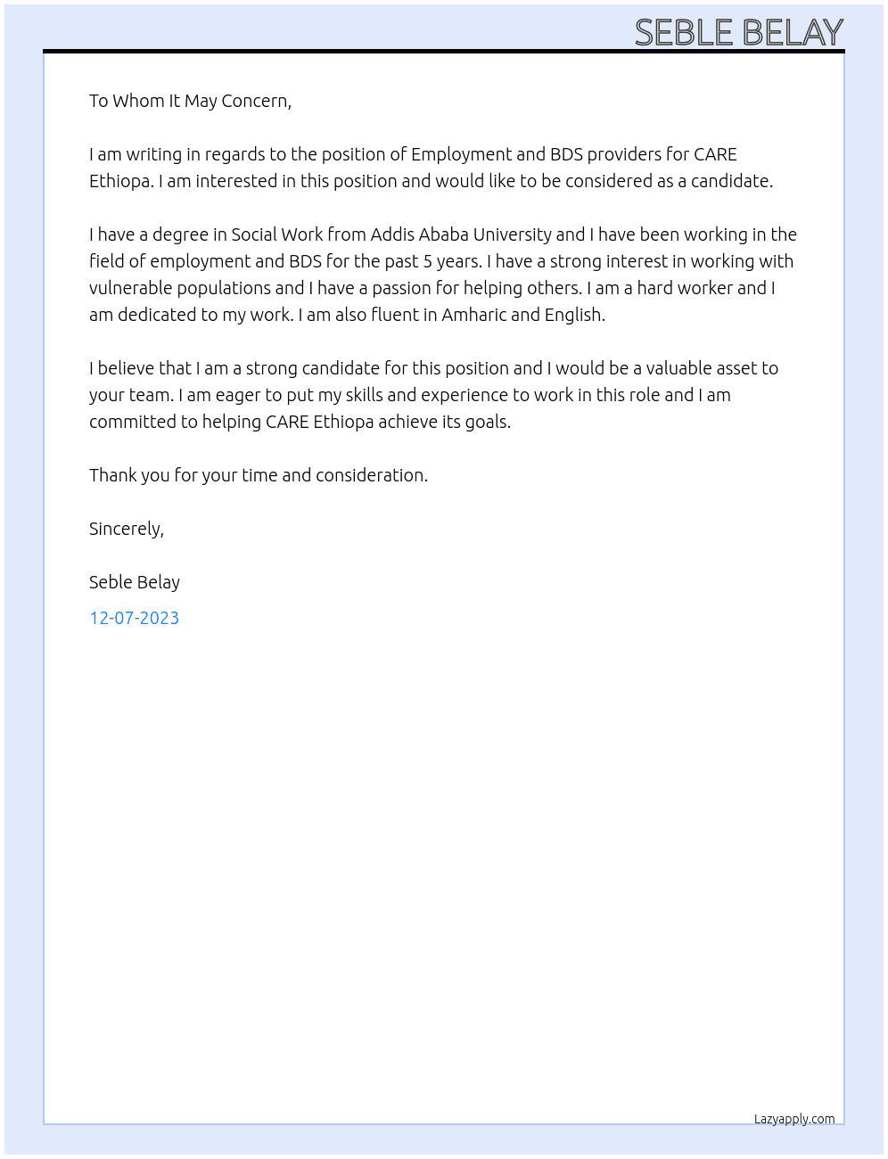 Emporment and BDS providers At CARE Ethiopa Cover Letter