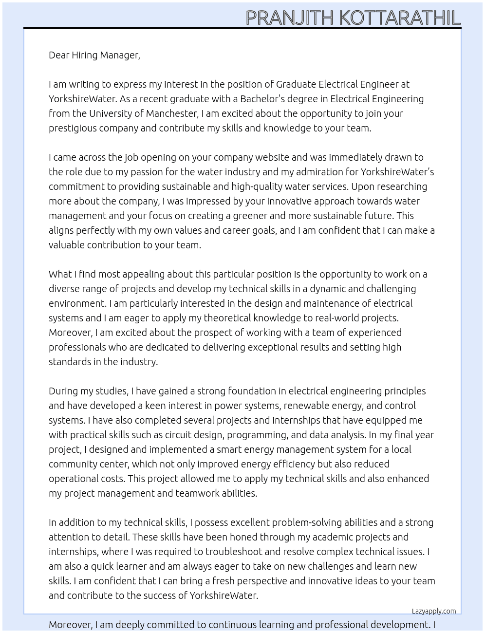 Graduate Electrical Engineer At YorkshireWater Cover Letter