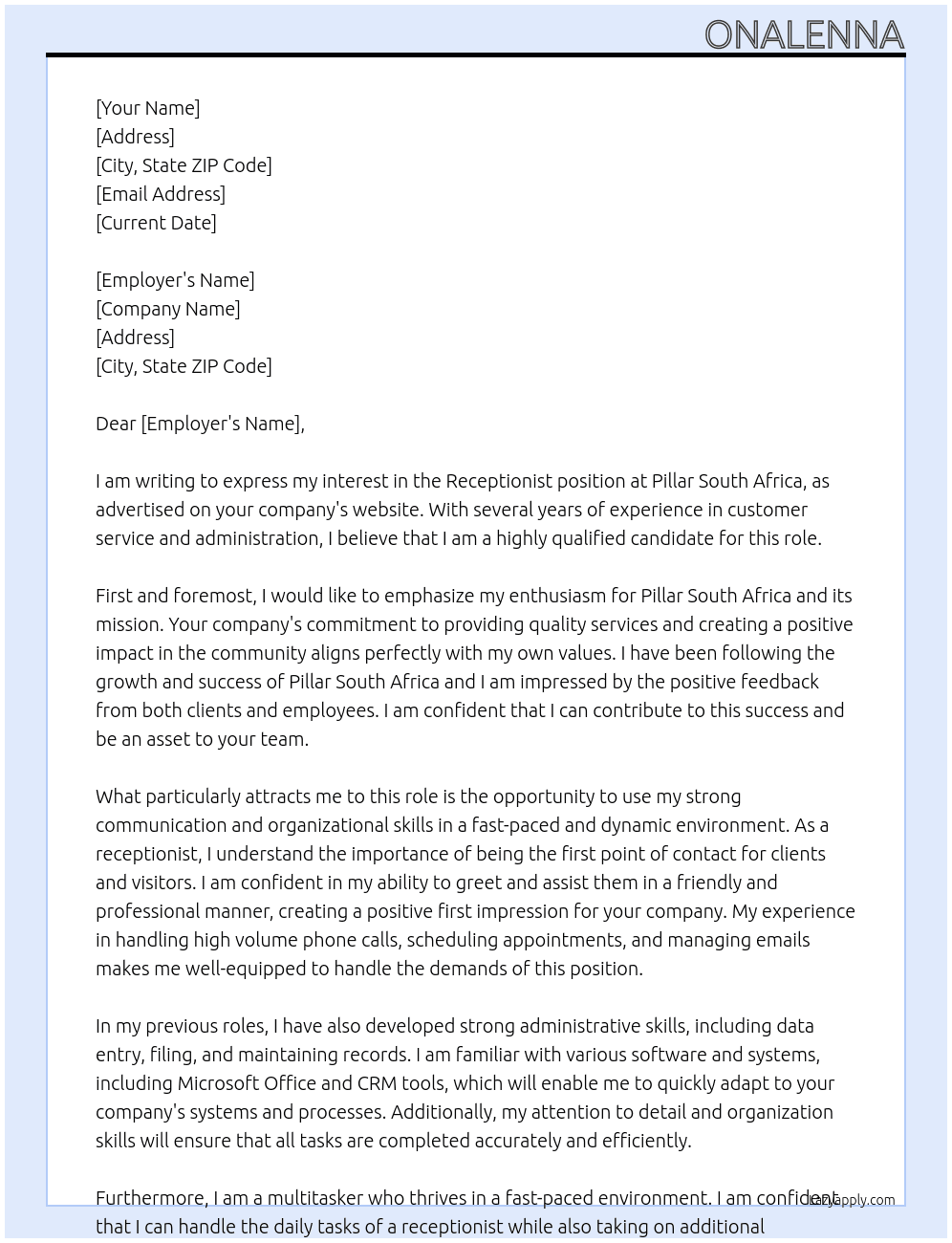 Receptionist At Pillar South Africa Cover Letter