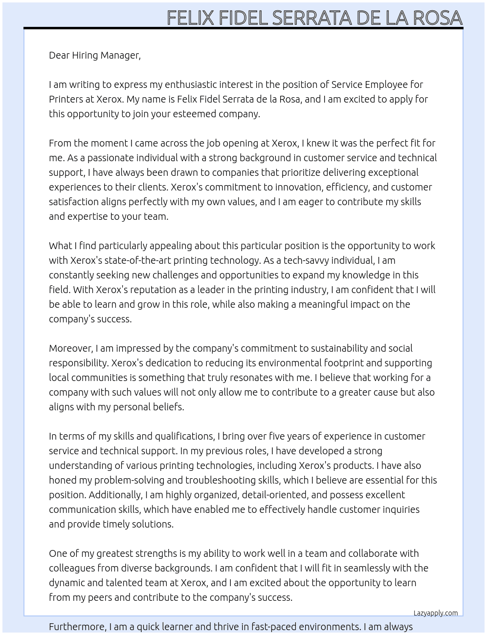 Service employee printers Xerox At Xerox Cover Letter