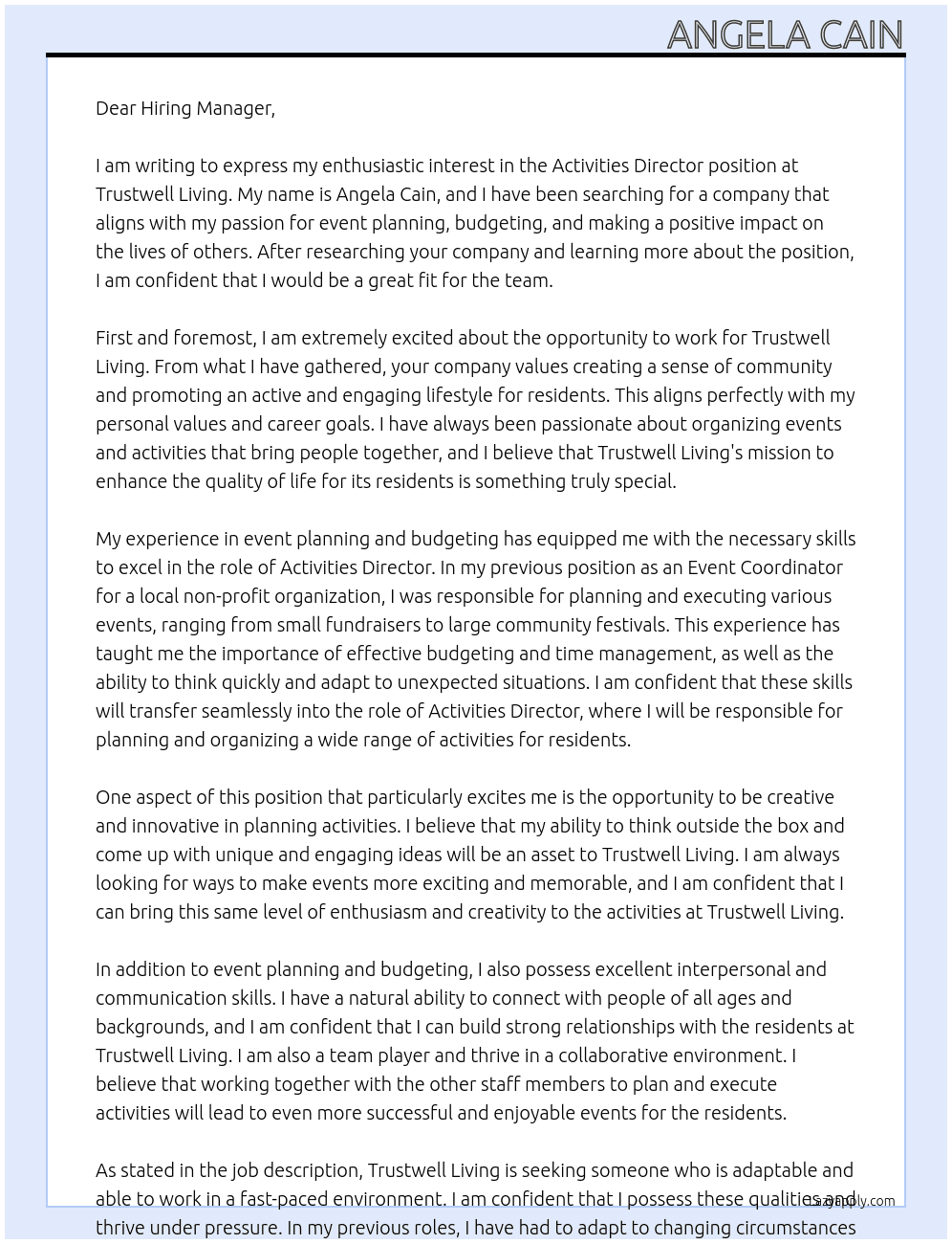 Activities Director At Trustwell Living Cover Letter