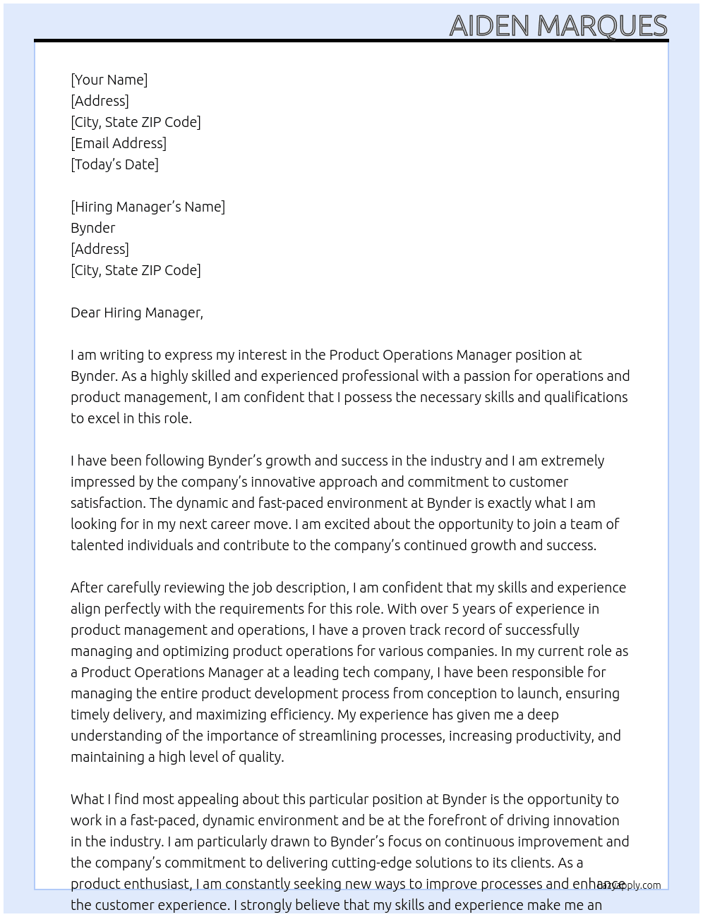 Product Operations Manager At Bynder Cover Letter