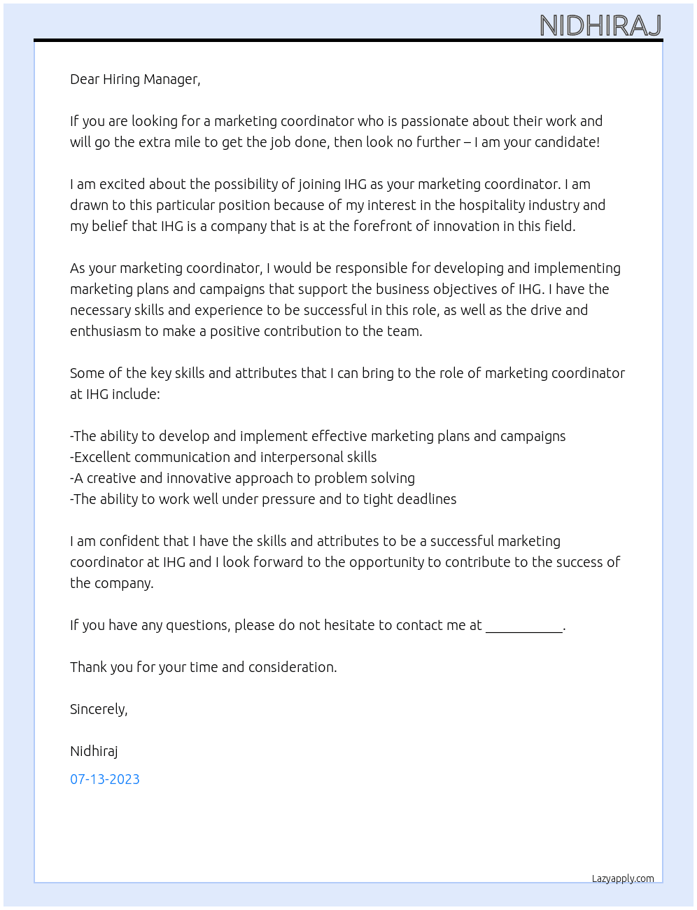 Marketing co ordinator At IHG Cover Letter