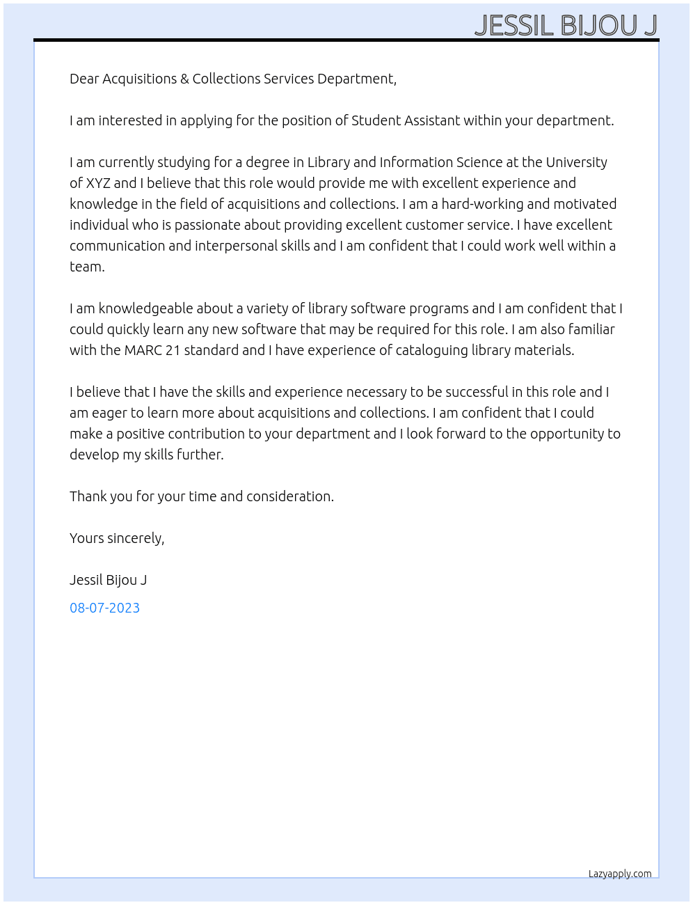 Student Assistant At Acquisitions & Collections Services Department Cover Letter
