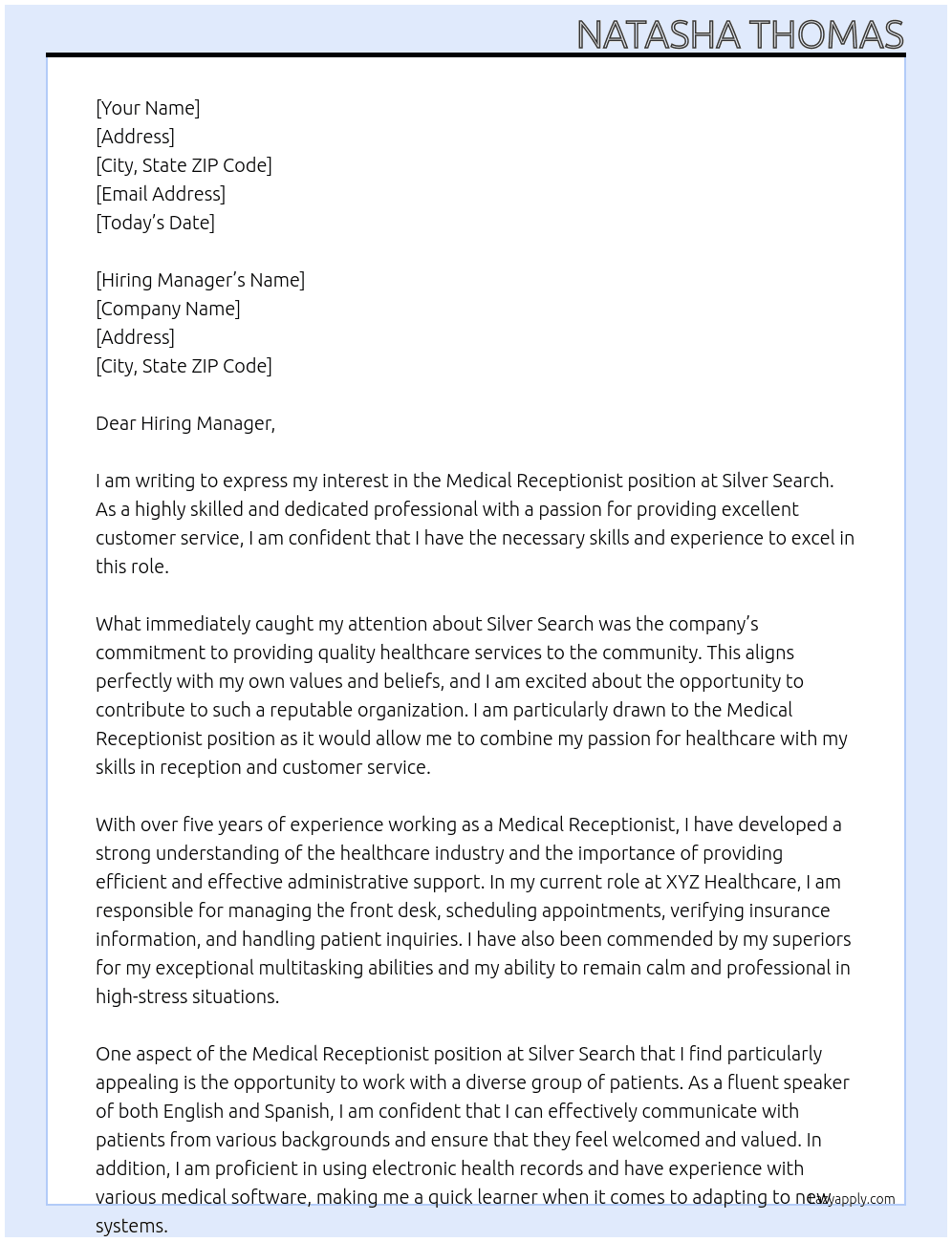 Medical Receptionist At Silver Search Cover Letter