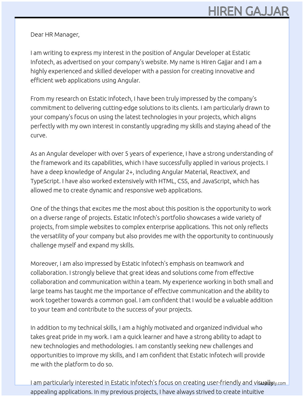 Angular developer At Estatic Infotech Cover Letter