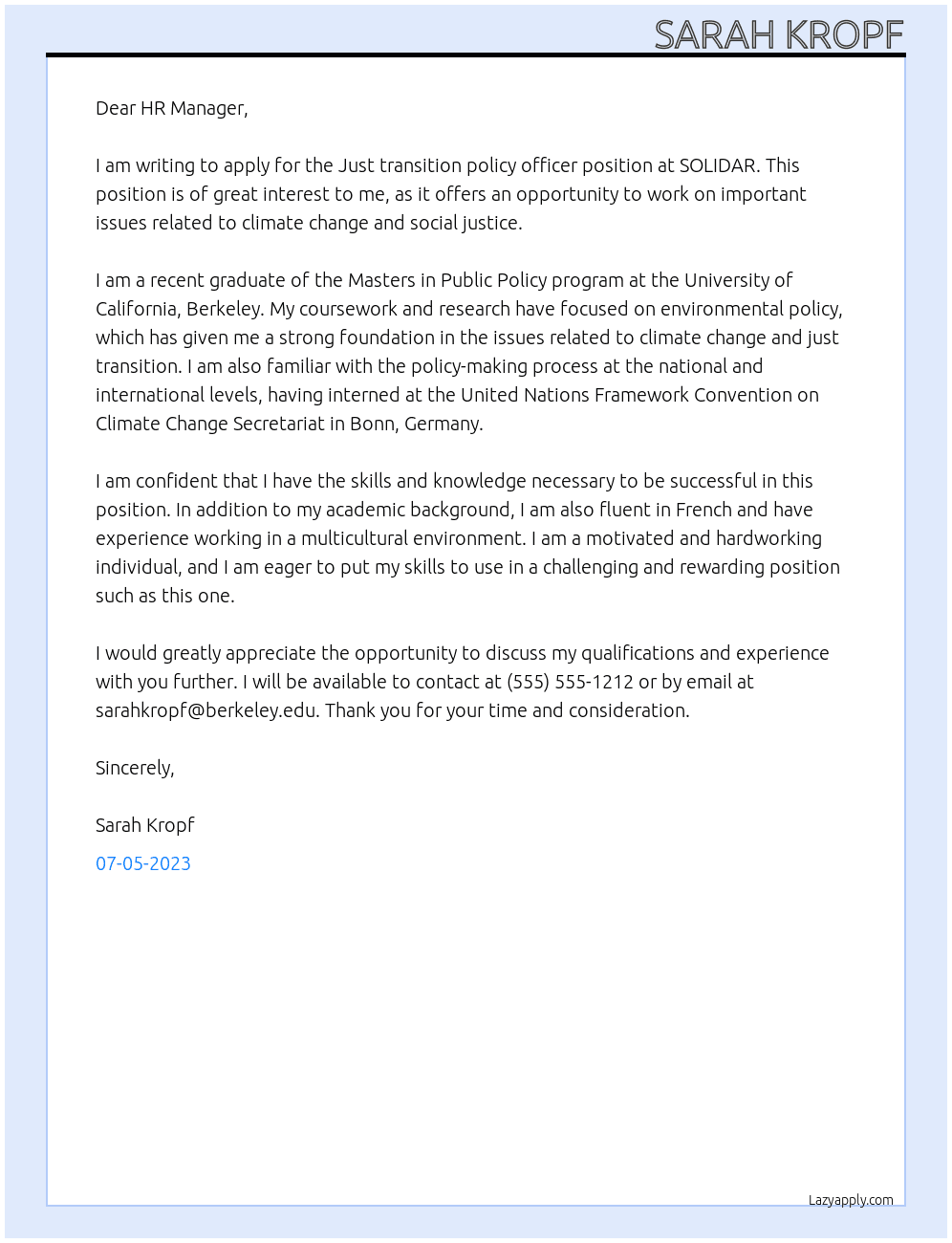Just transition policy officer At SOLIDAR Cover Letter