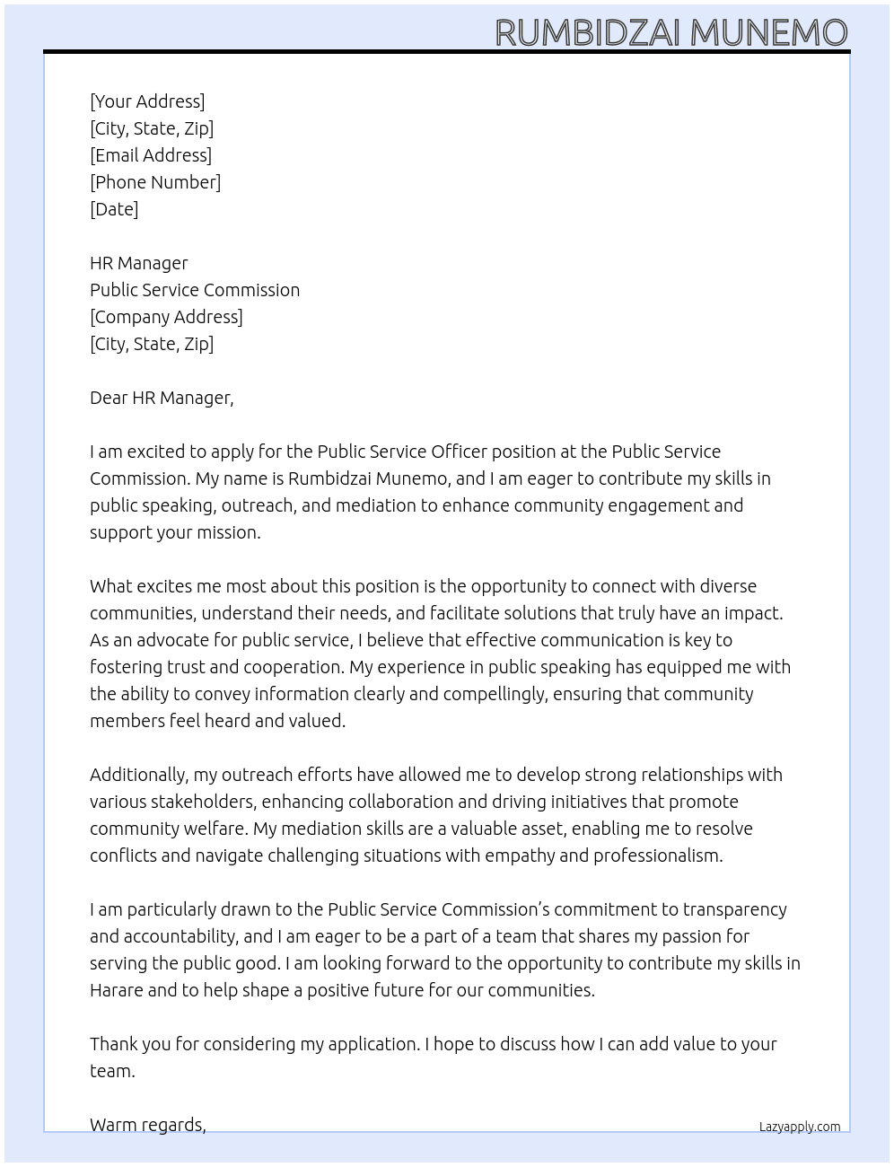public service officer  At PUBLIC SERVICE COMMISSION  Cover Letter