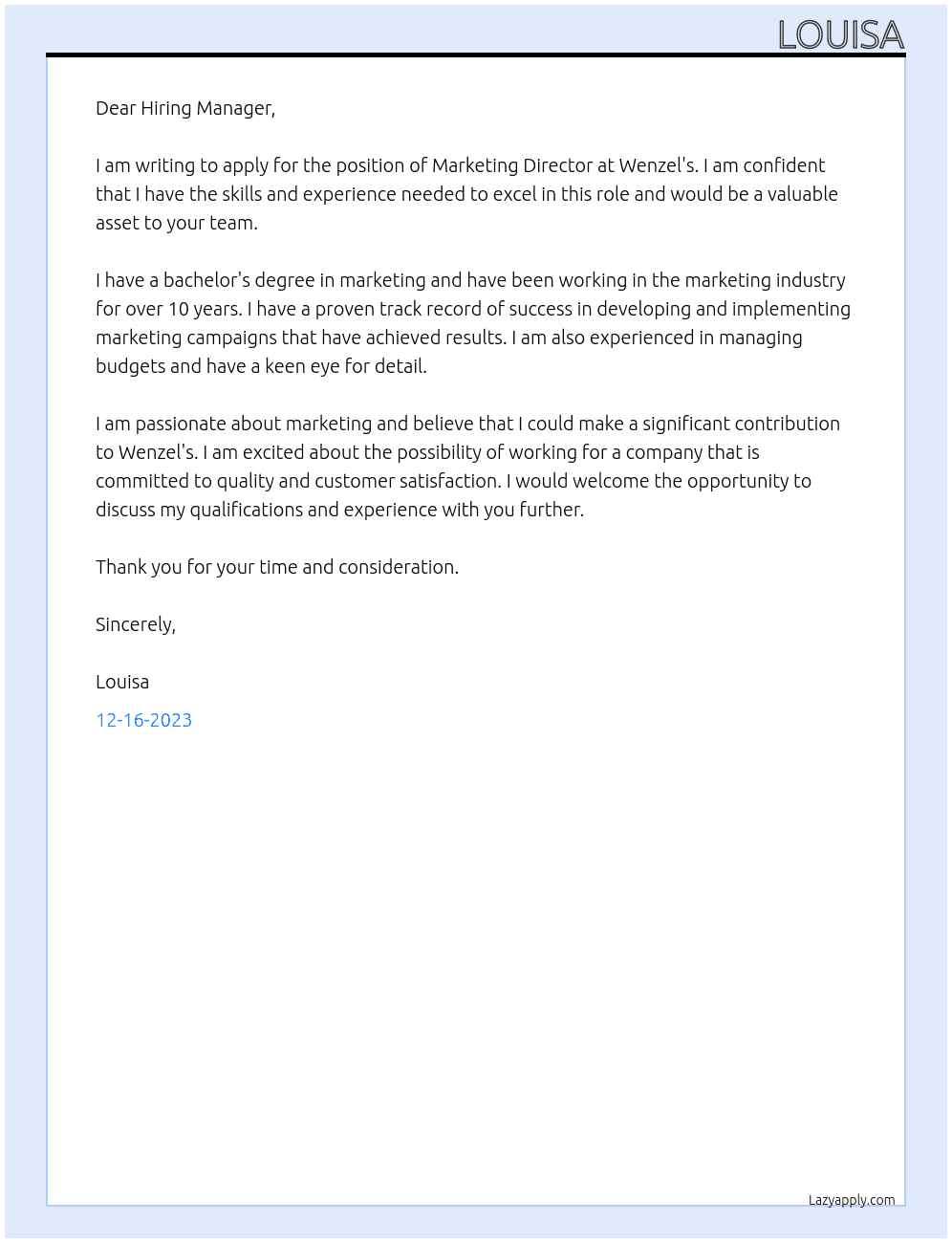 Marketing Director At Wenzel's Cover Letter