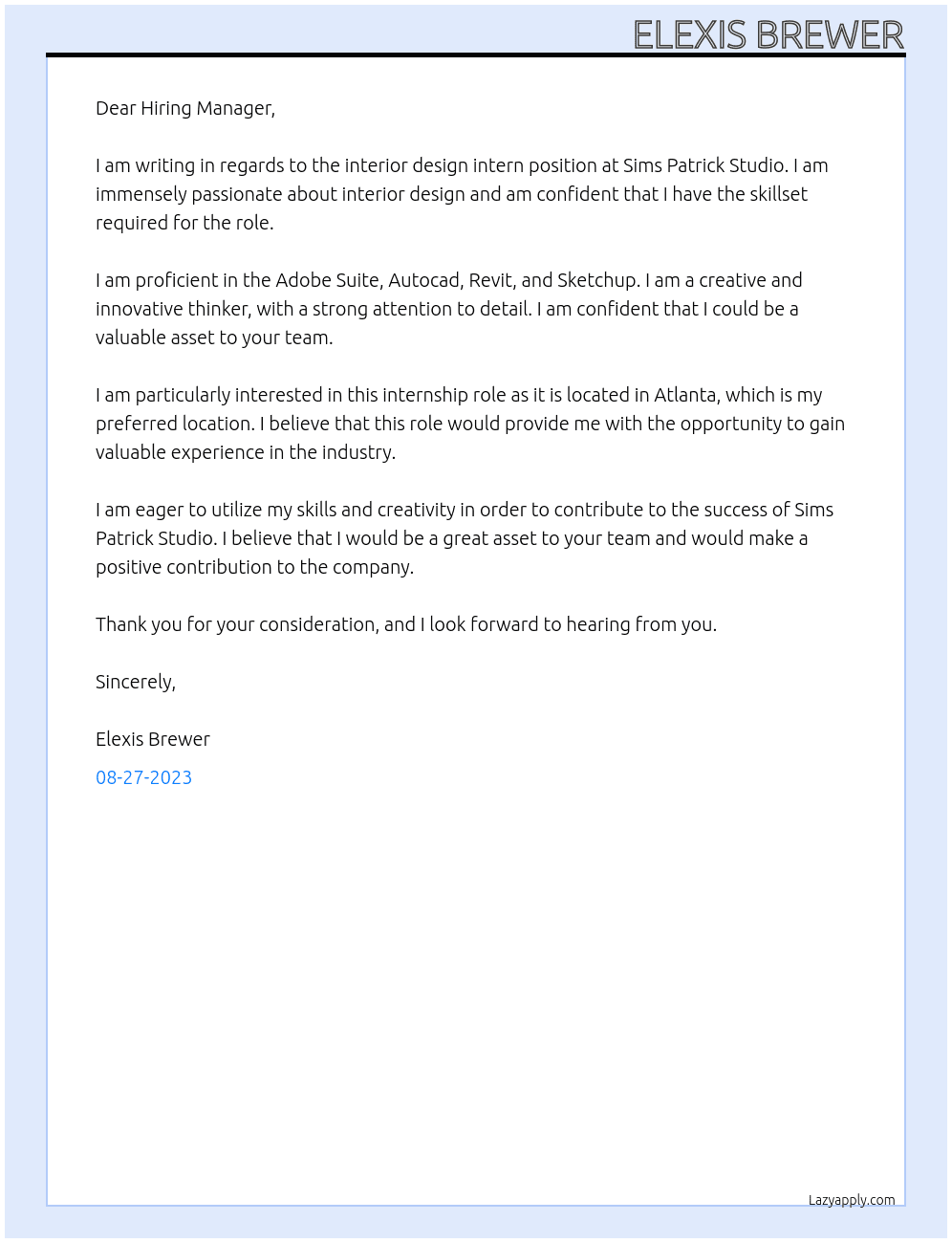 interior design intern At Sims Patrick Studio Cover Letter