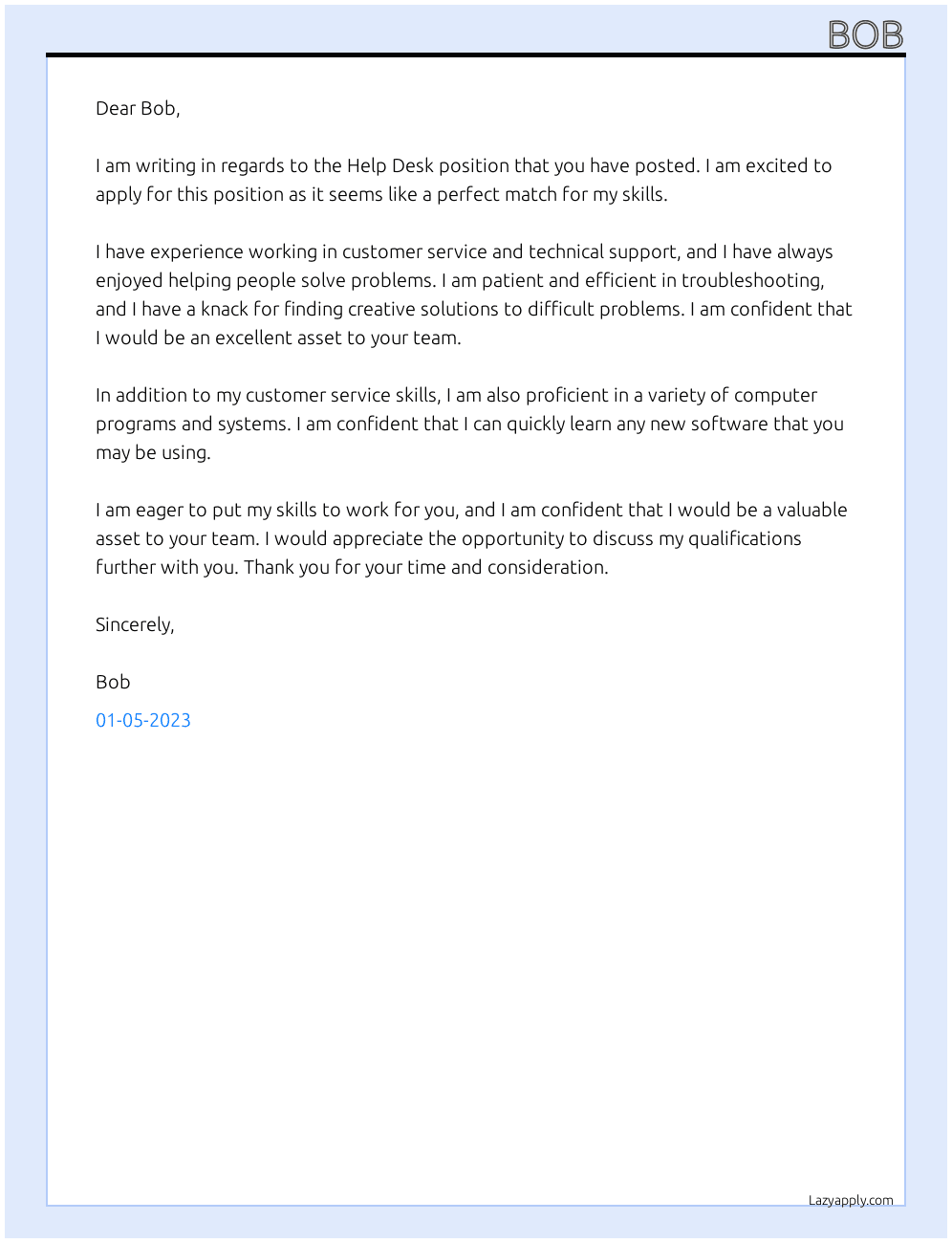 Help Desk At Bob Cover Letter