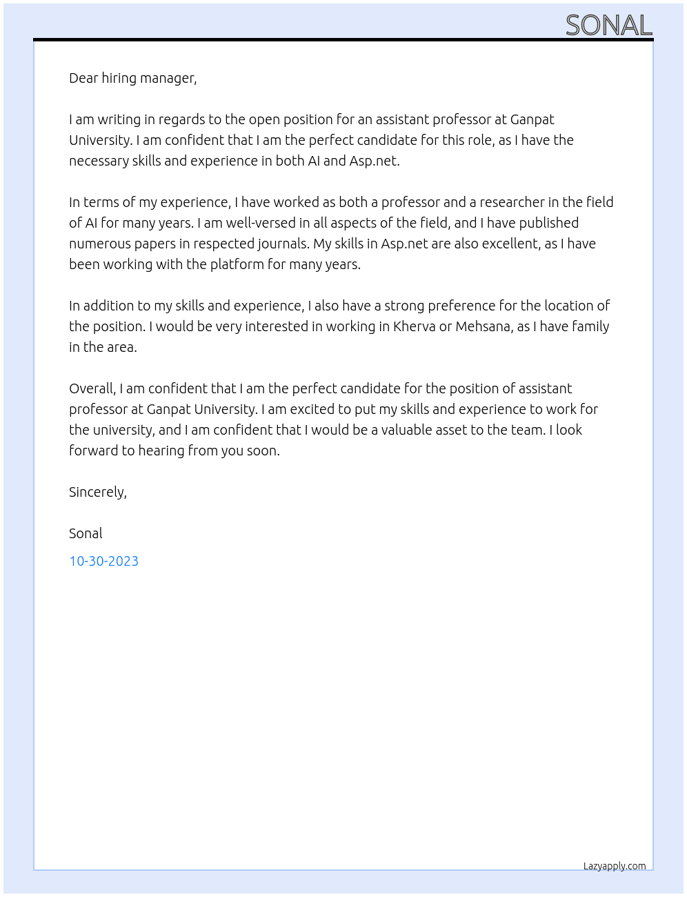 Assitan Professor At Ganpat University Cover Letter
