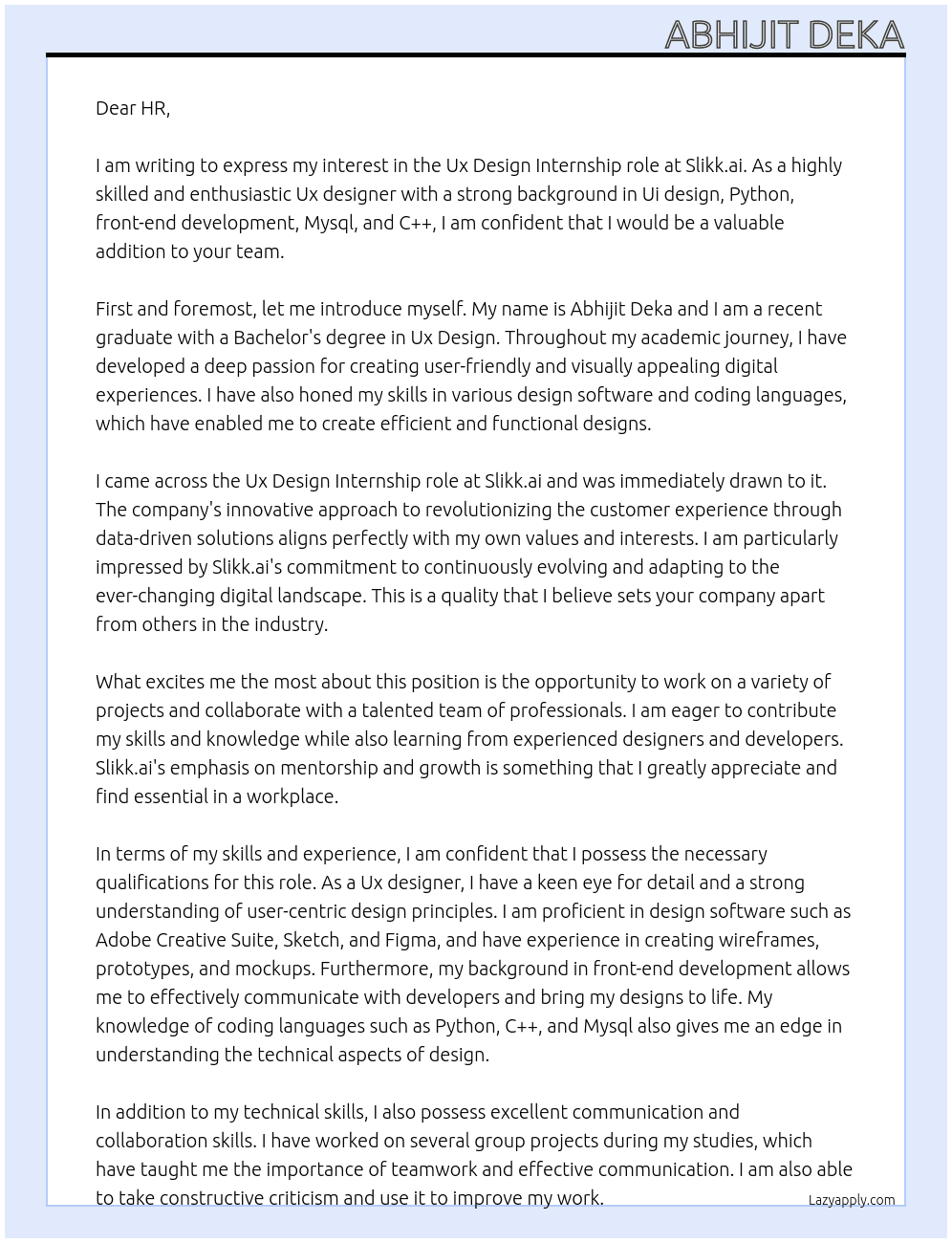 Ux design  At Slikk.ai Cover Letter